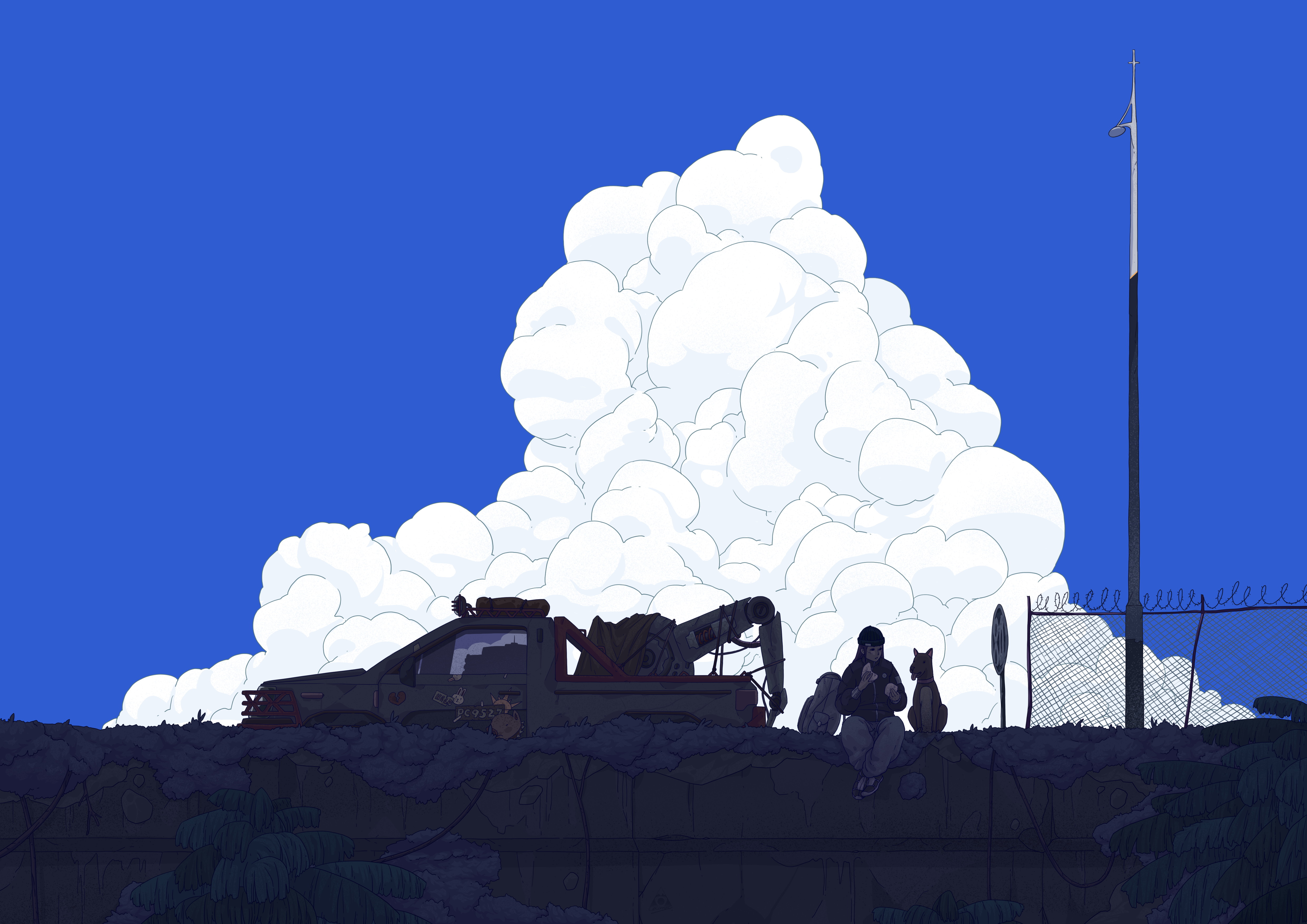 Digital Art Artwork Illustration Clouds Sky Blue Artery Gear Sitting Women Dog Animals Vehicle Crane 4961x3508