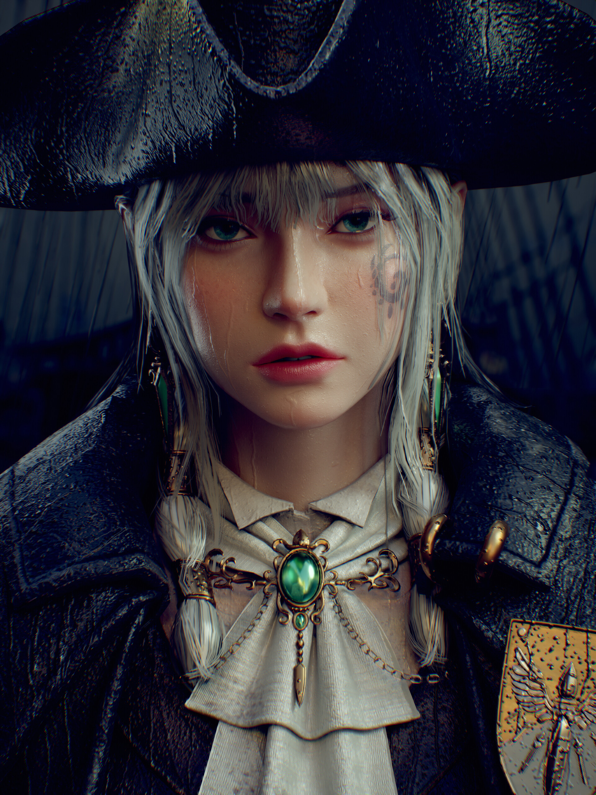 Junhoo Kang CGi Women Pirate Girl Silver Hair Emerald 1920x2560