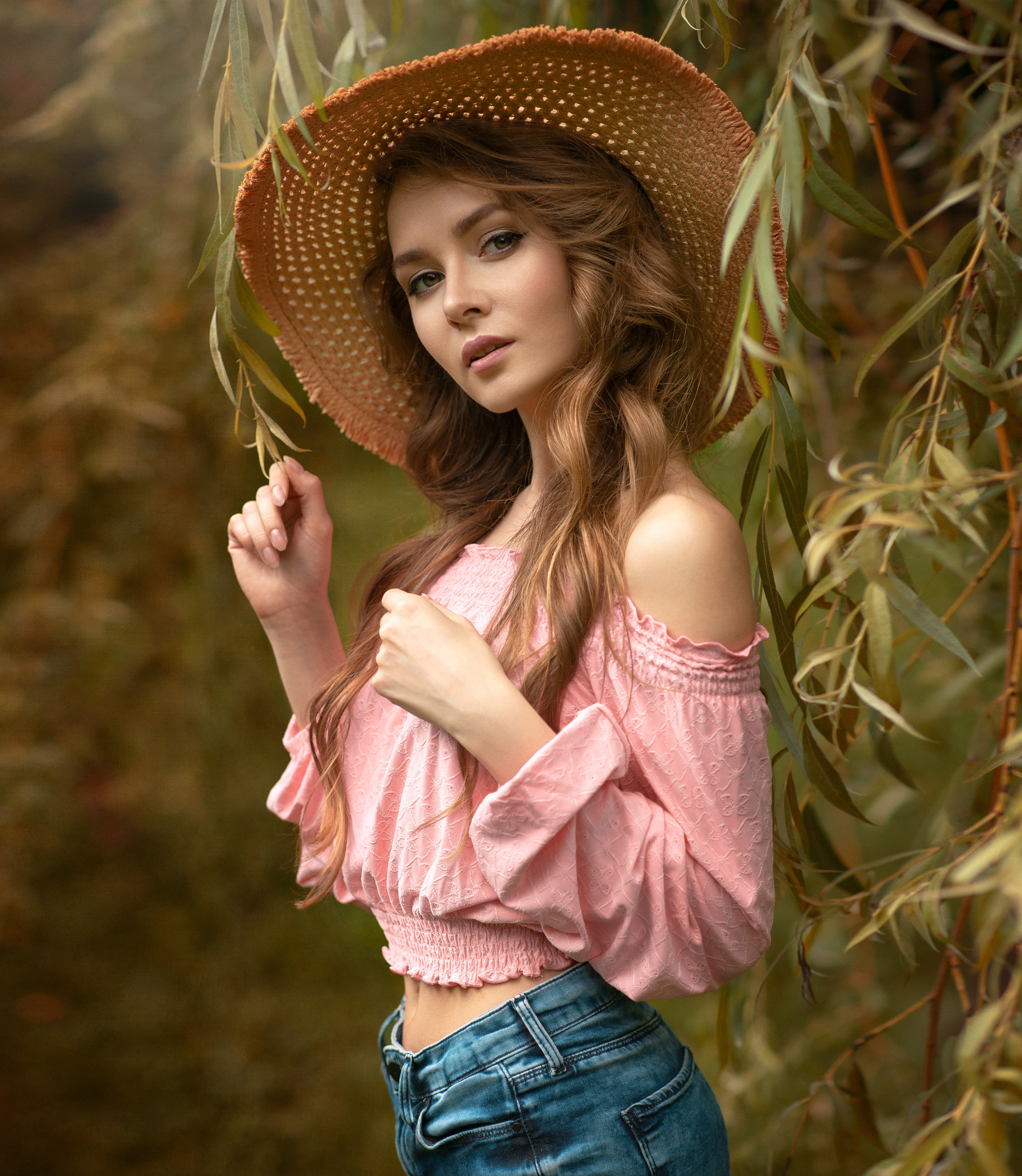 Stanislav Maximov Women Hat Pink Clothing Nature Portrait Display Model Straw Hat Plants Bare Should 3040x3500
