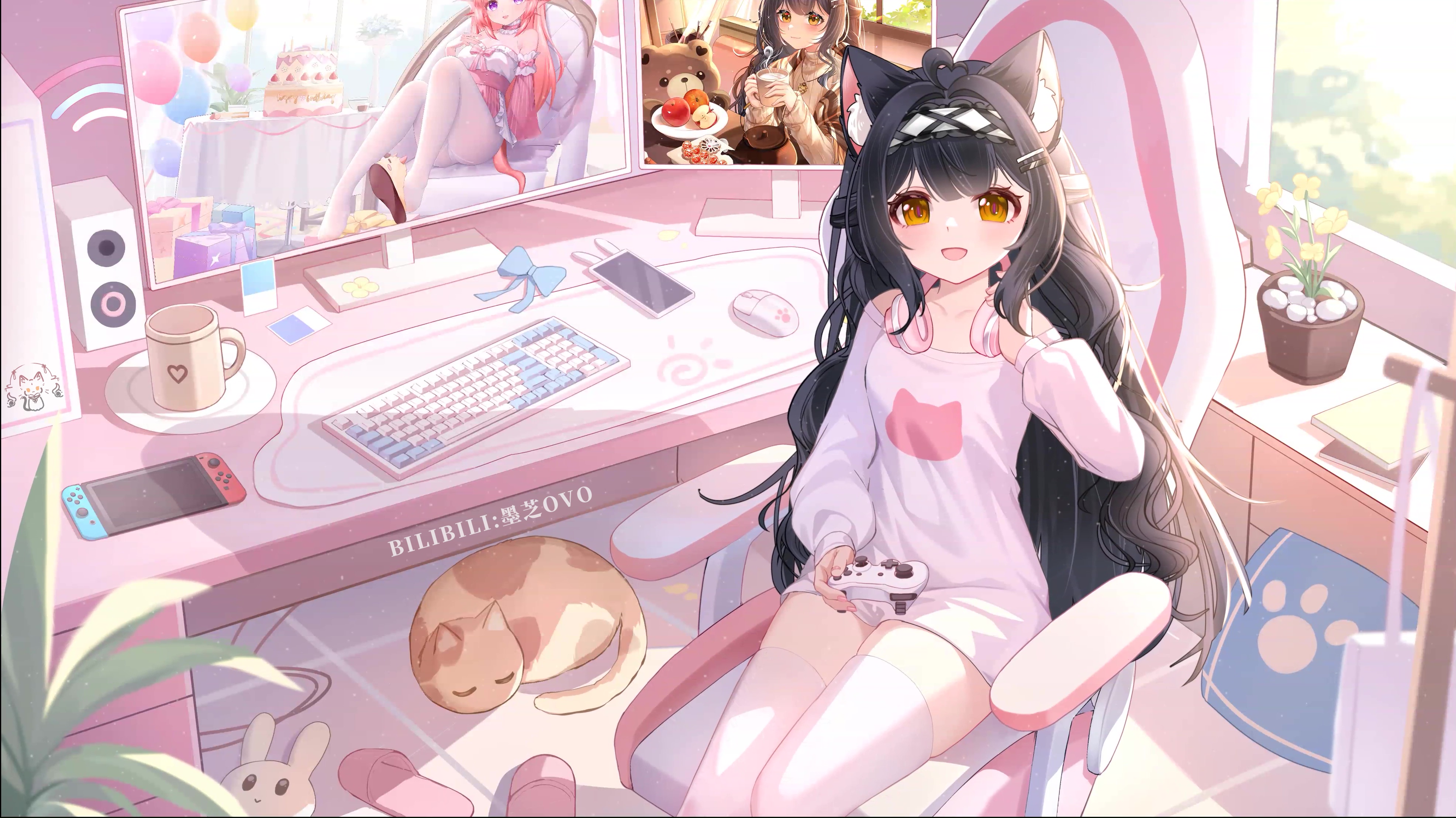 Anime Girls Cartoon Women Headphones Pink Chair 4Gamers Kena Kena Bridge Of Spirits Video Games 3946x2218