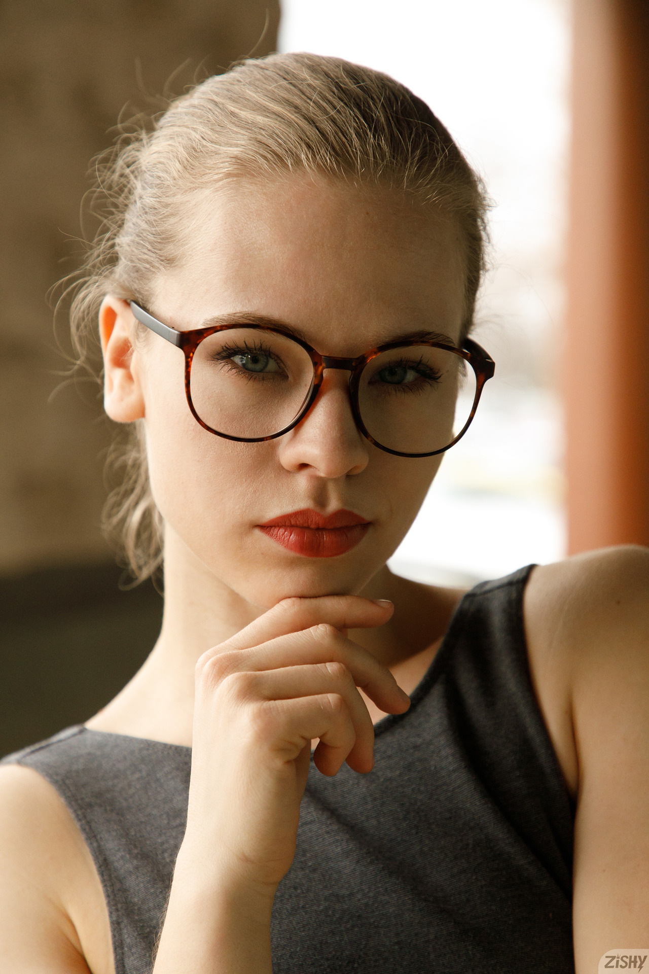 Women Model Face Portrait Display Bokeh Women With Glasses Blonde Bare Shoulders Blue Eyes Red Lipst 1280x1920