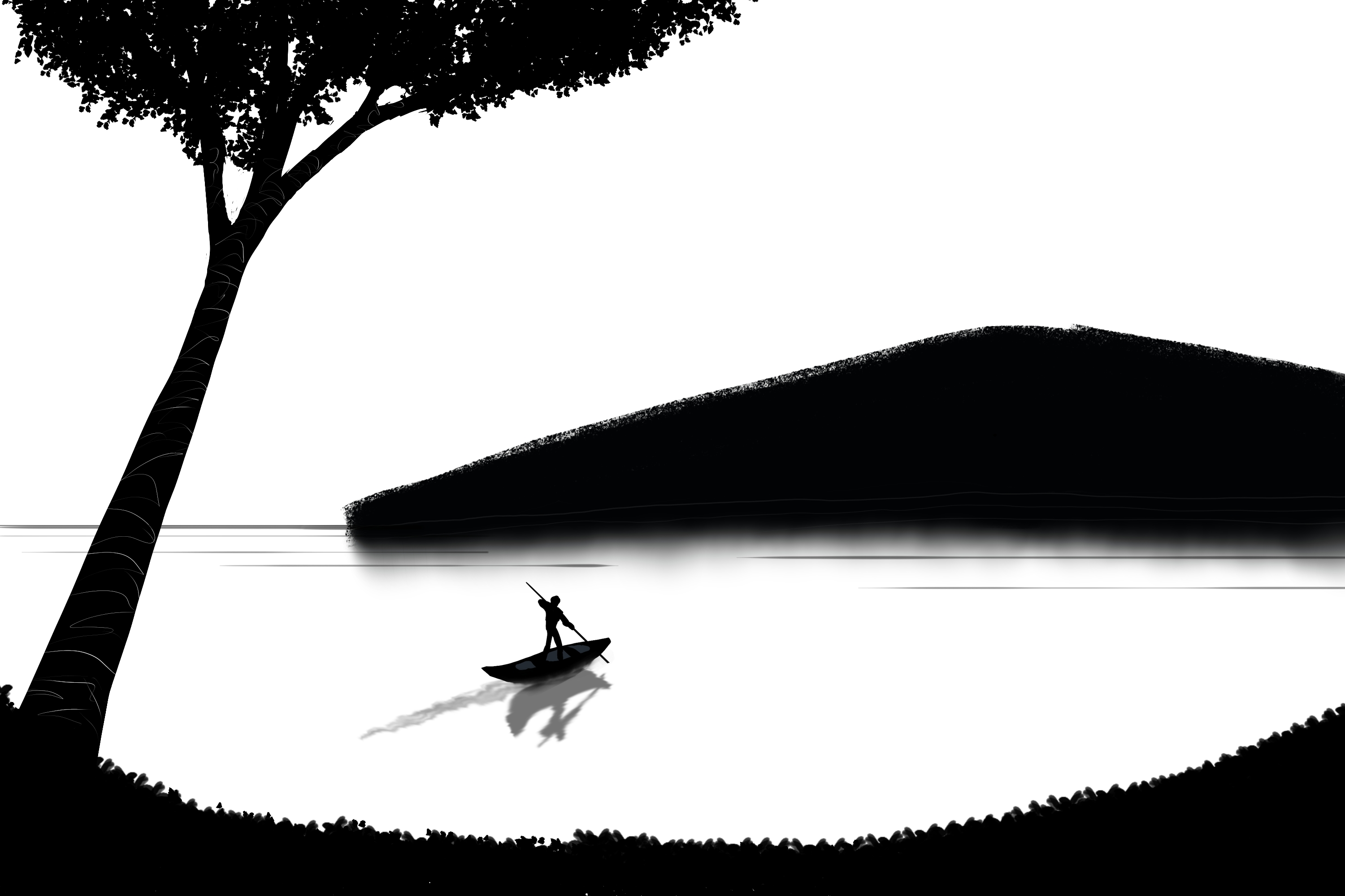 Monochrome Lake Mountains Trees Canoes Men Water Black White Artwork 3000x2000
