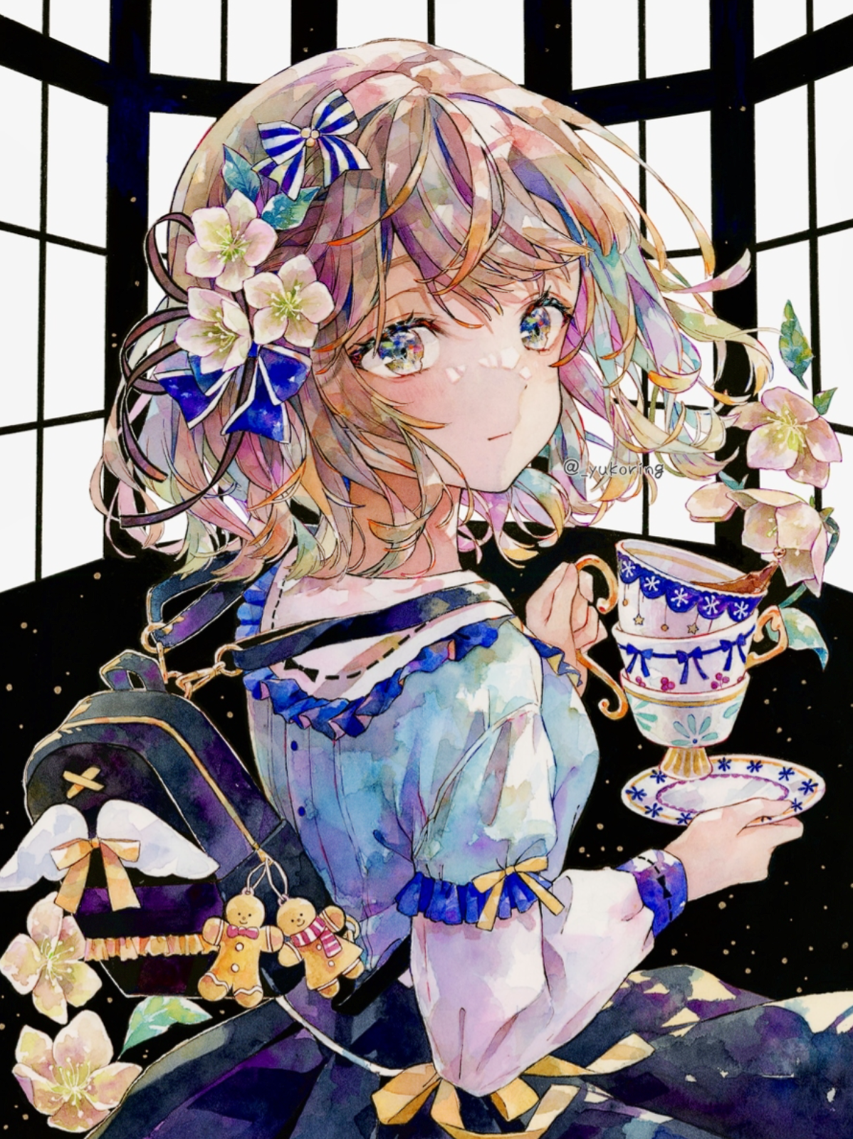 Anime Anime Girls Watercolor Yukoring Watercolor Style Hair Ornament Tea Backpacks Ribbon Flowers Sh 1198x1600