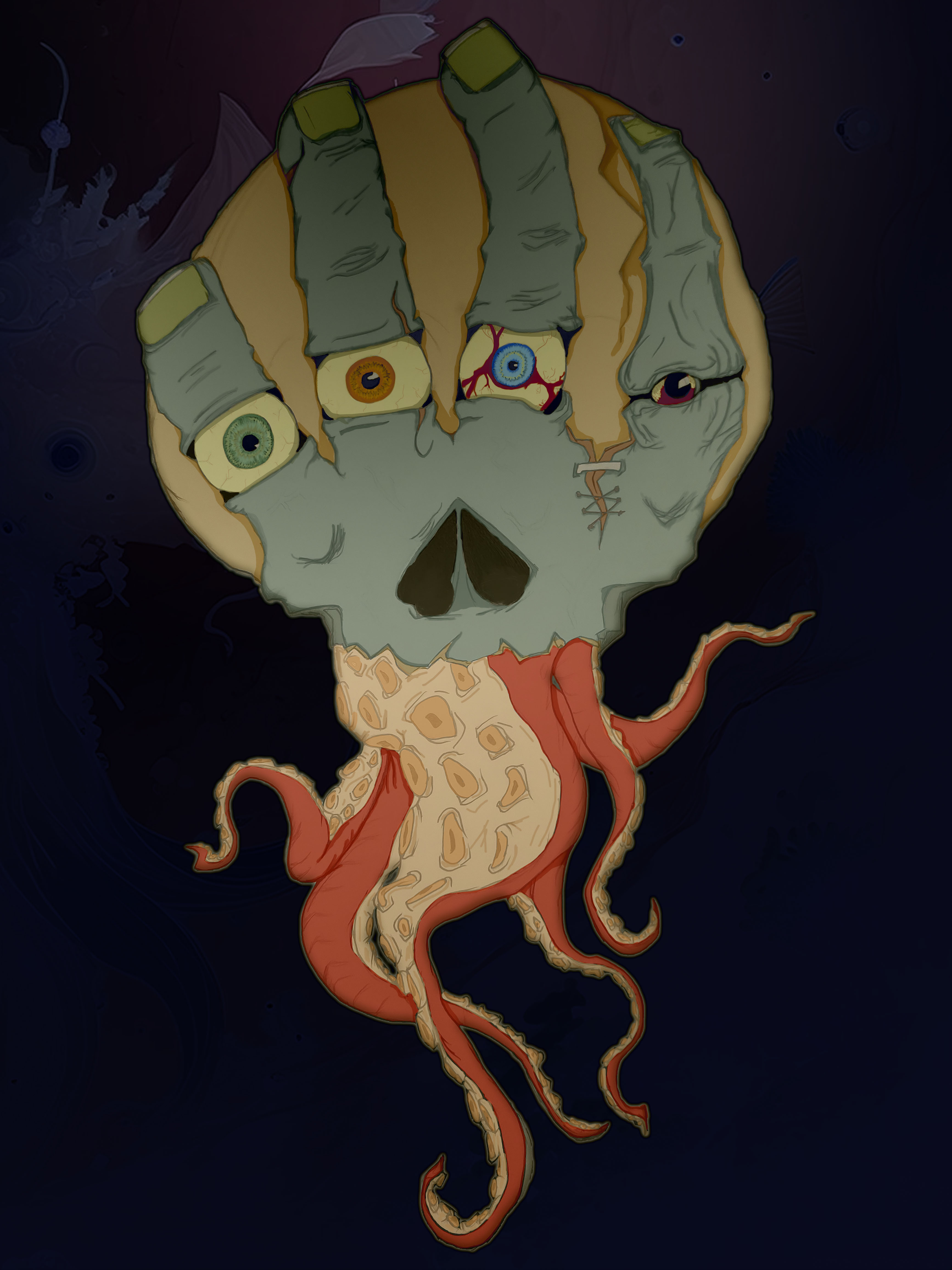 Original Characters Skull Tentacles Hands Under The Sea Simple Background Wackobot 3468x4624