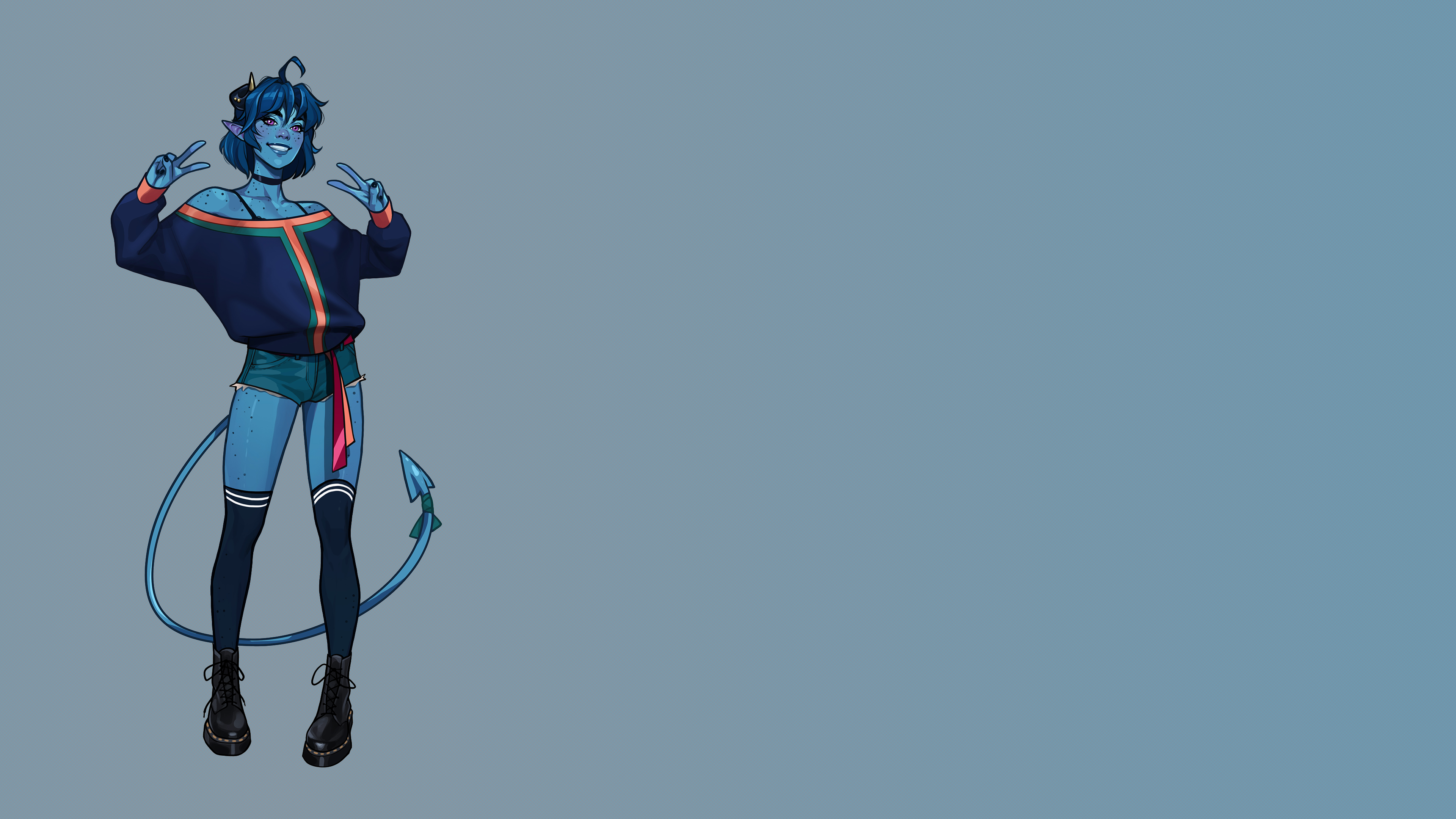 Anime Girls Short Hair Simple Background Blue Background Critical Role Jester Lavorre Blue Skin Tief 3840x2160