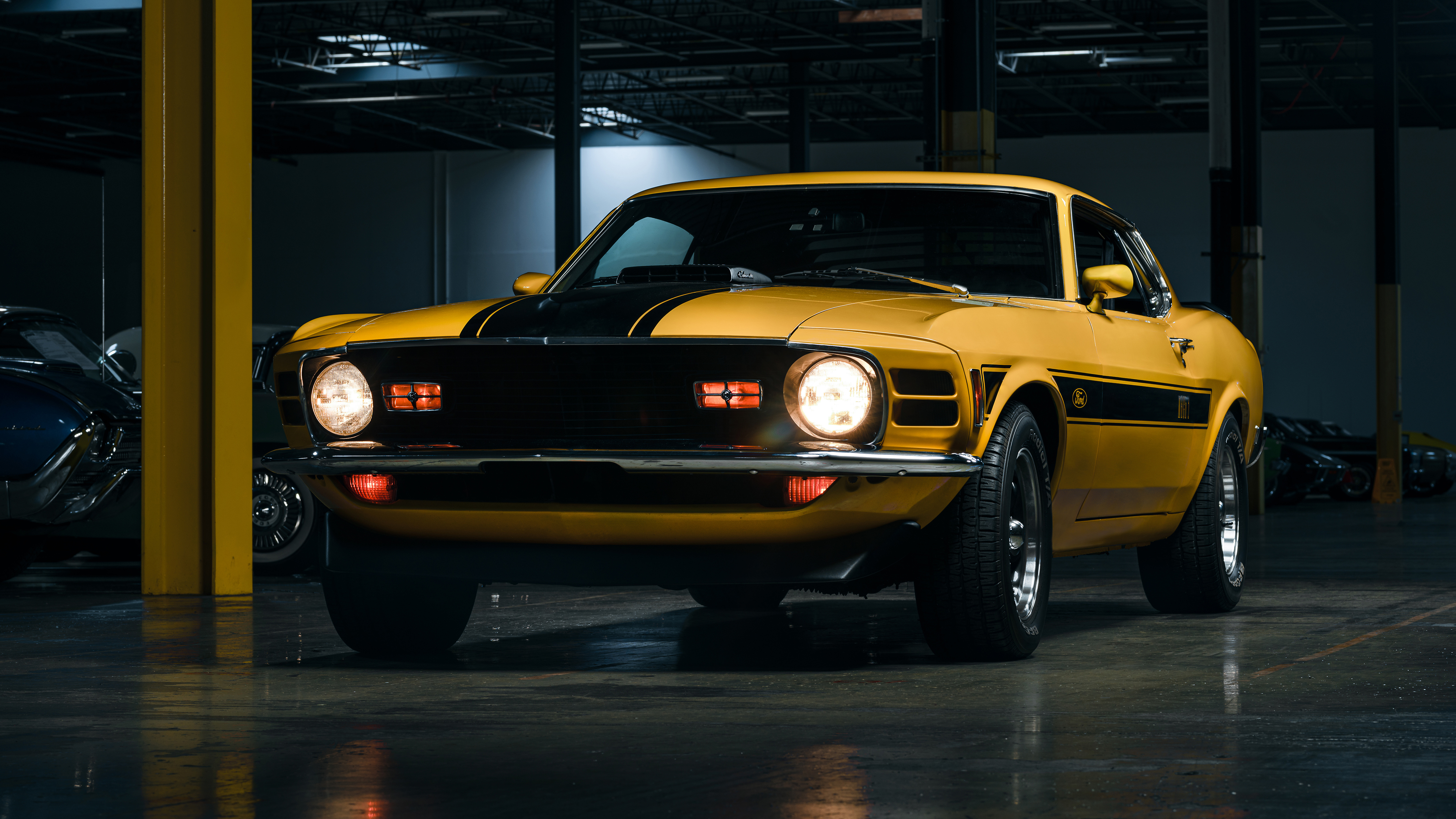 Ford Mustang Mach 1 Ford Mustang Ford Car Muscle Cars Yellow Cars Low Light Parking Lot 5120x2880
