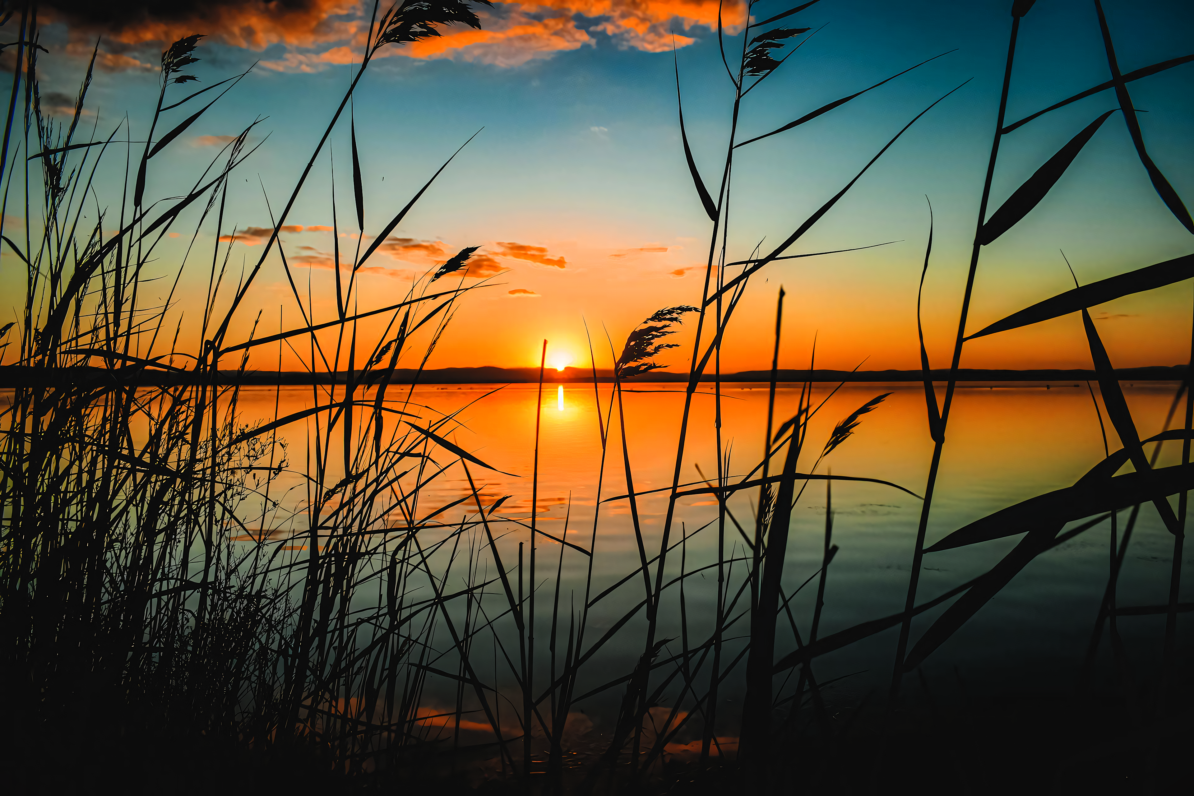 Sunset Sunset Glow Reflection Water Grass Clear Water Clear Sky Nature Summer Clouds Orange 3840x2560