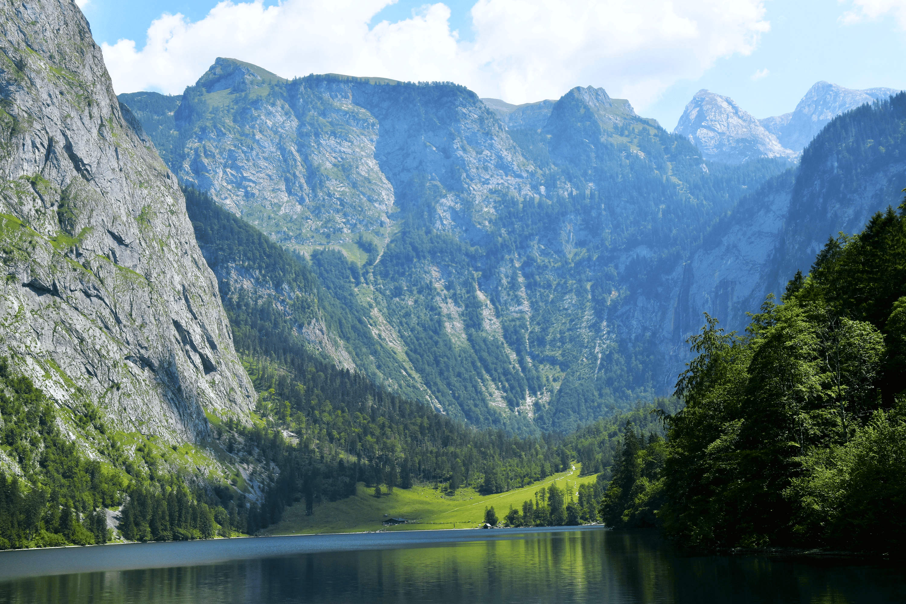 Nature Landscape Mountains Clouds Sky Trees Water Far View Lake Cabin Grass Water Ripples Obersee Ge 3000x2000