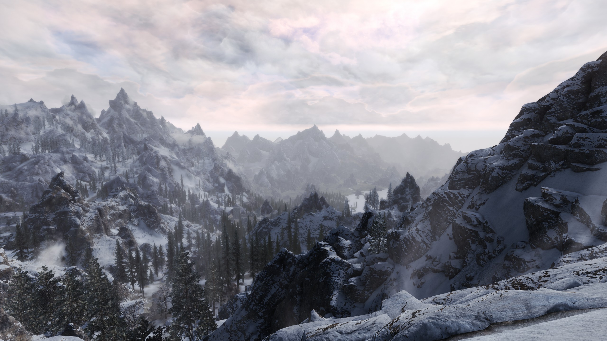 The Elder Scrolls V Skyrim Mountains Snow Trees 2560x1440