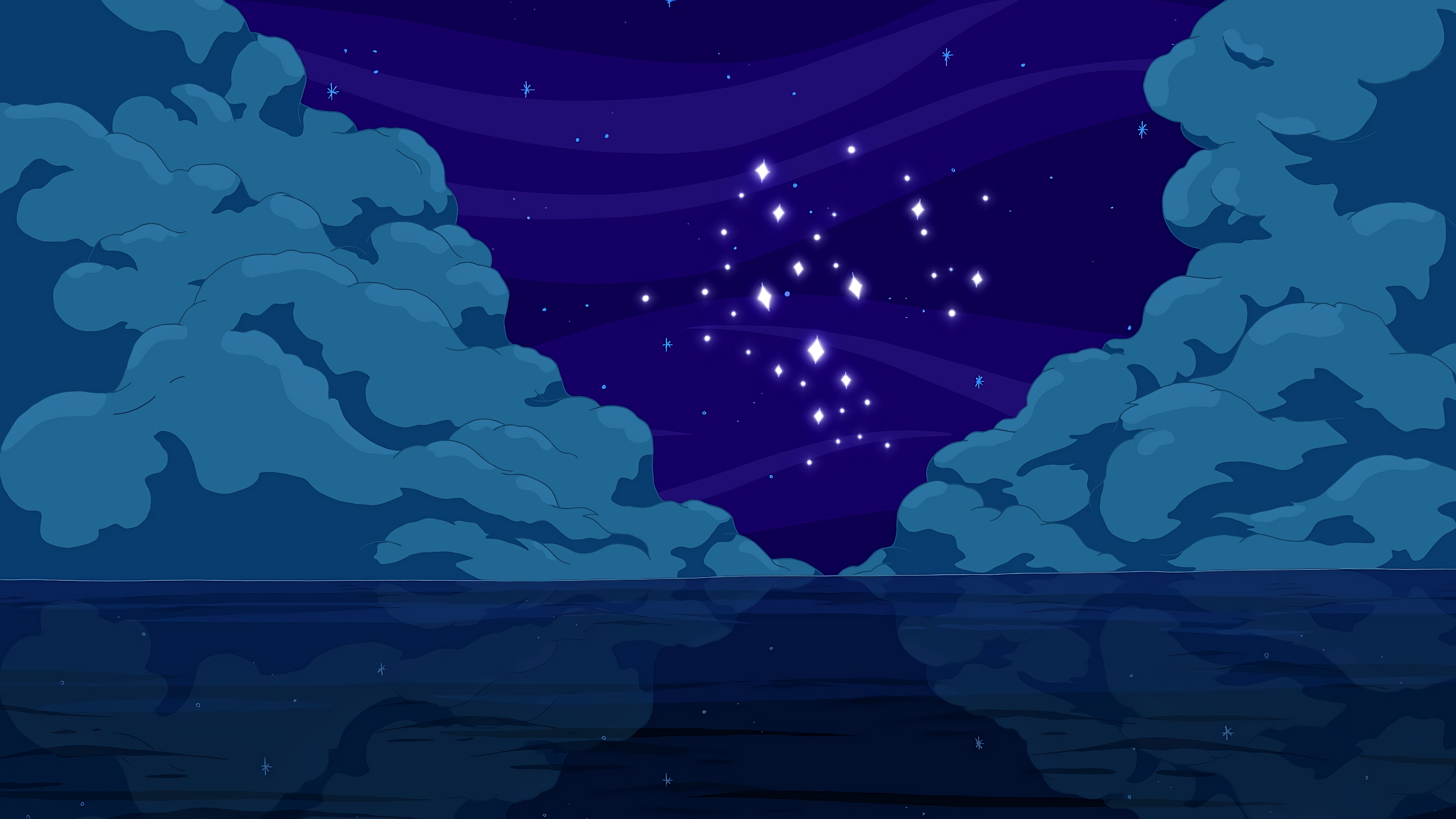 Adventure Time Night Blue Clouds Stars Water 3840x2160