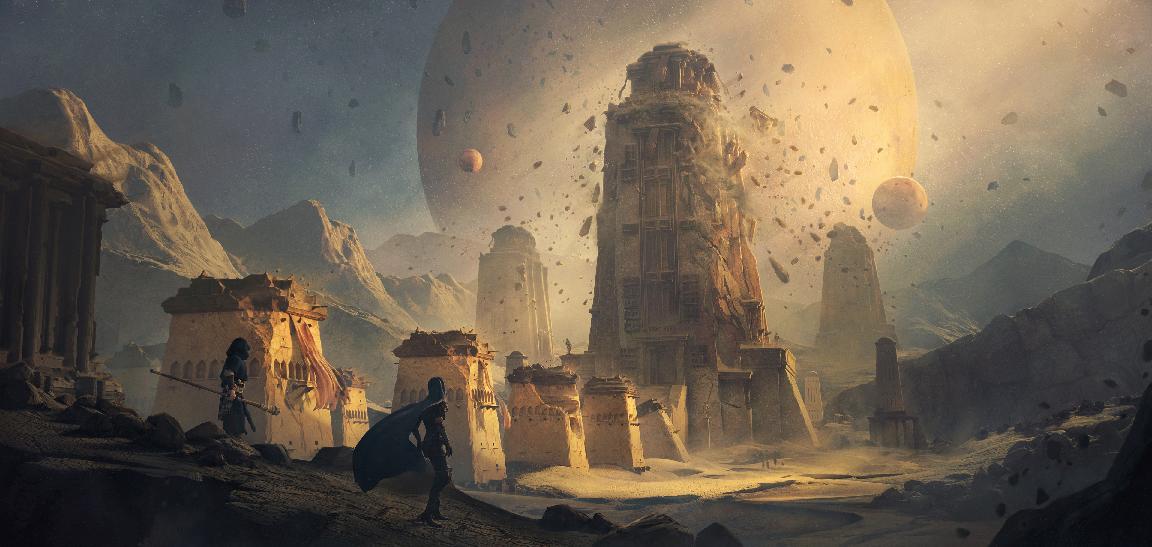 Kevin Jick Digital Art Artwork Illustration Architecture Building Planet Desert Town Couple Destruct 3840x1824