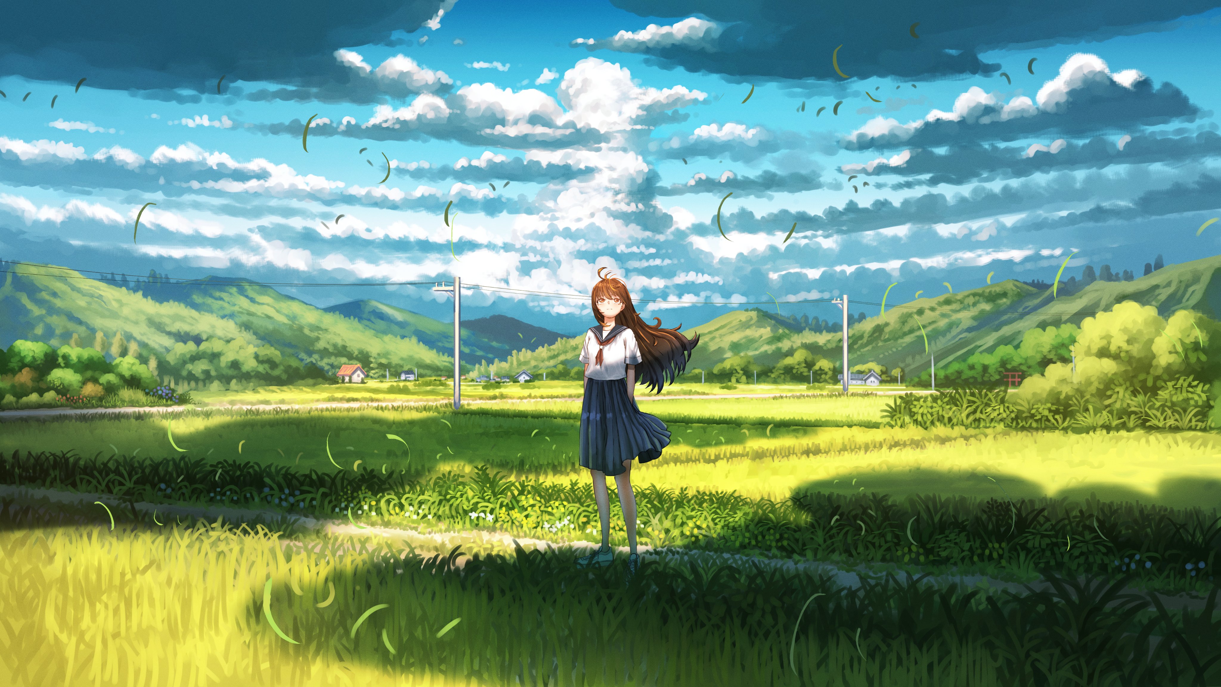 Anime Girls Looking Up Schoolgirl School Uniform Women Outdoors Cumulus Windy Grass Clouds Sky Trees 4096x2304