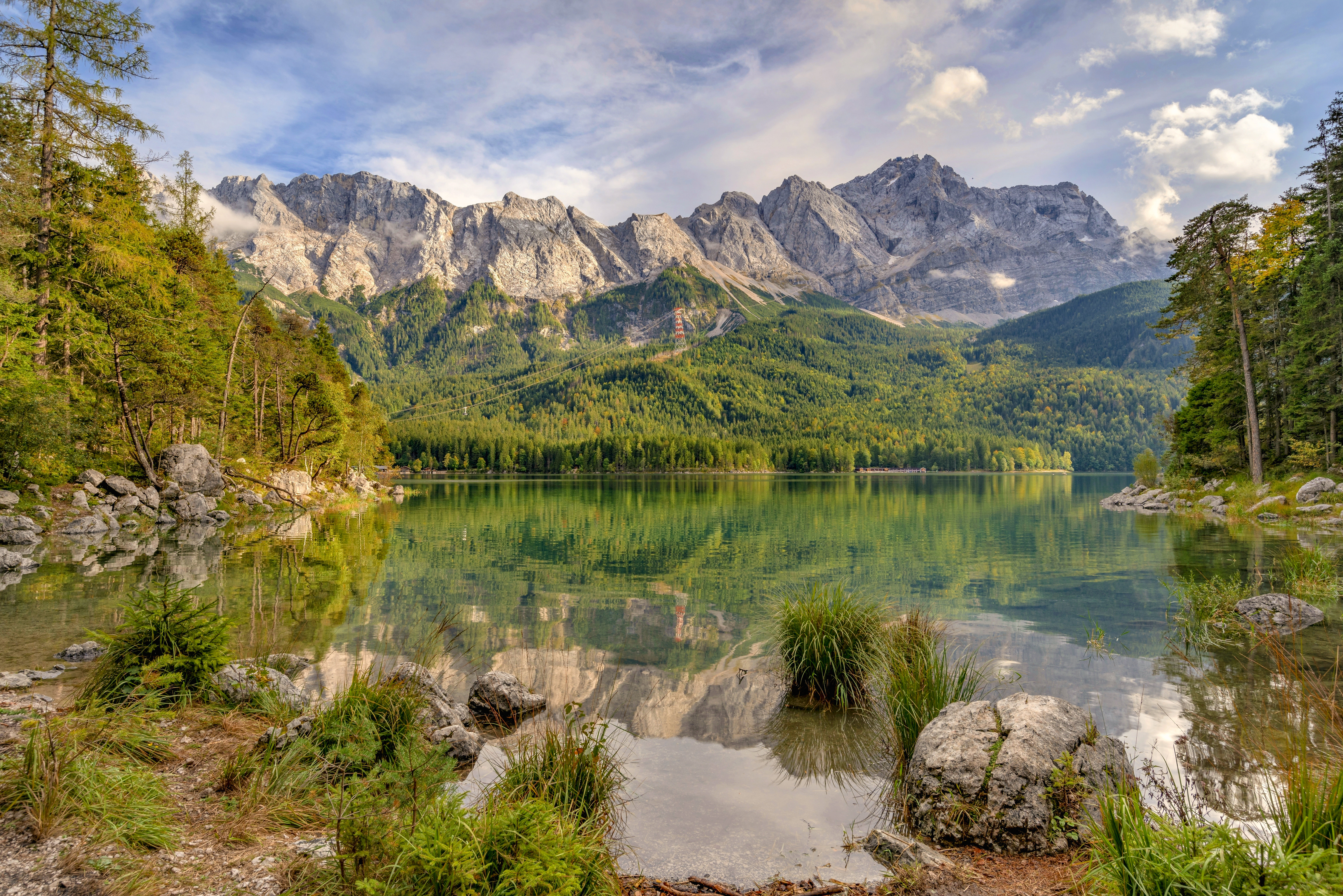 Nature Landscape Mountains Sky Clouds Trees Plants Grass Rocks Water Reflection Forest Power Lines L 6143x4100