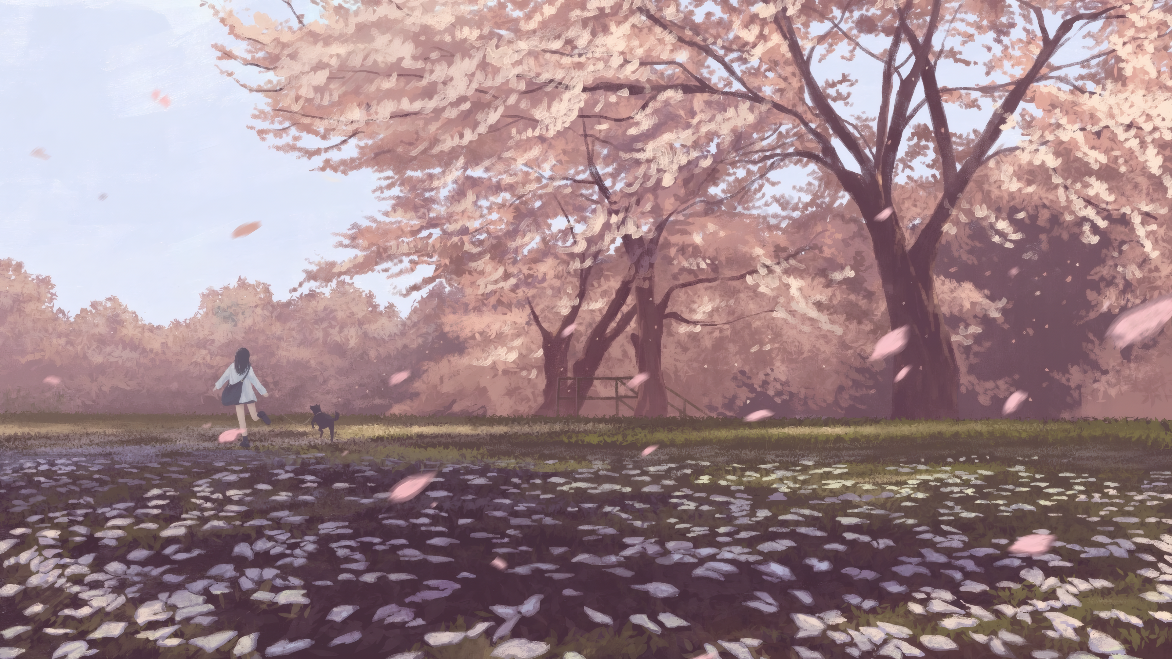 Genskc Dog Trees Forest Clearing Digital Art Artwork Cherry Trees Cherry Blossom 3840x2160