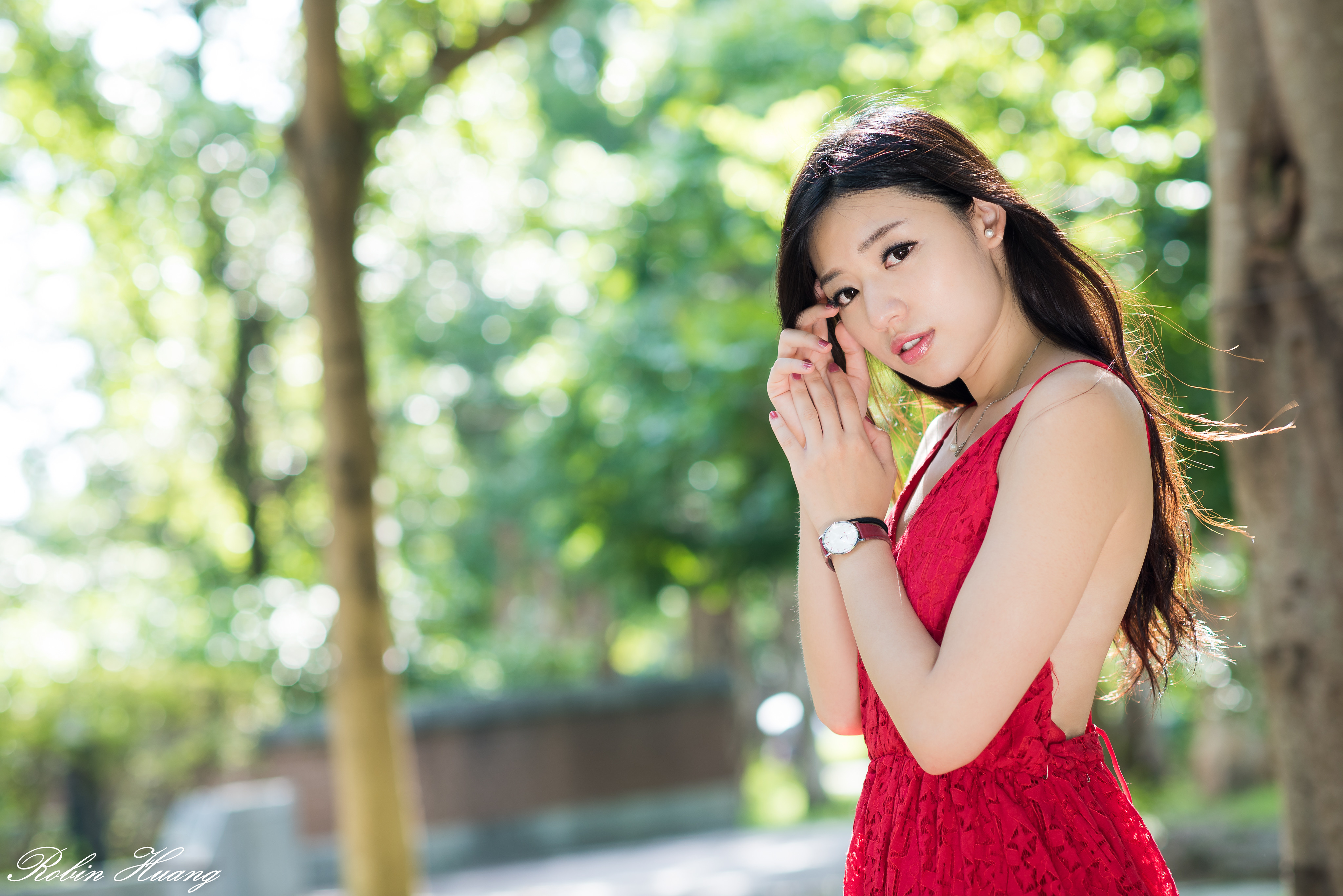 Brunette Asian Women Model Long Hair Red Dress Women Outdoors Depth Of Field Robin Huang 4096x2734