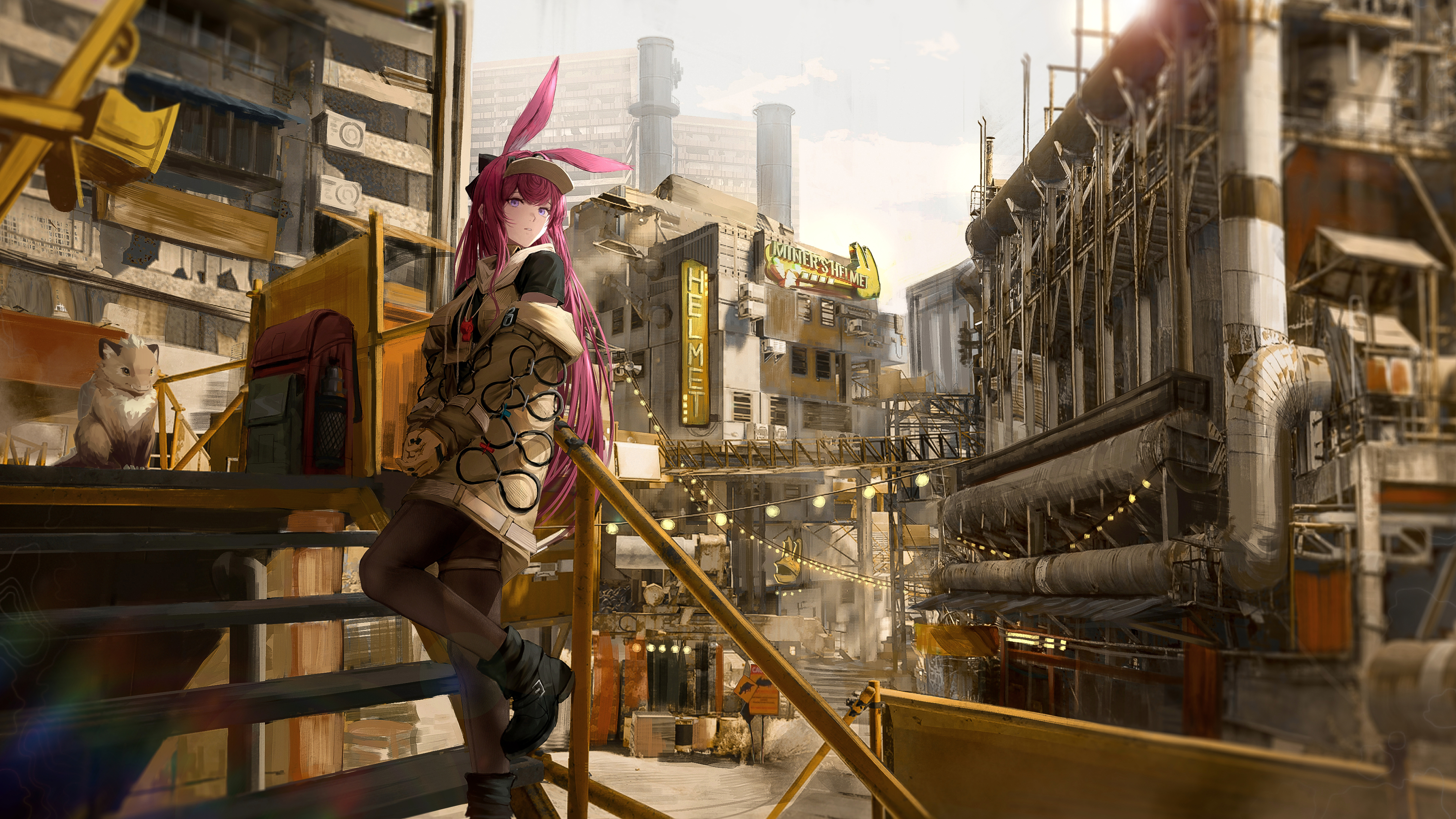 Ray Arknights Arknights Pixiv Anime Anime Girls Anime Games Animal Ears Clouds Long Hair Sky Stairs  4800x2700