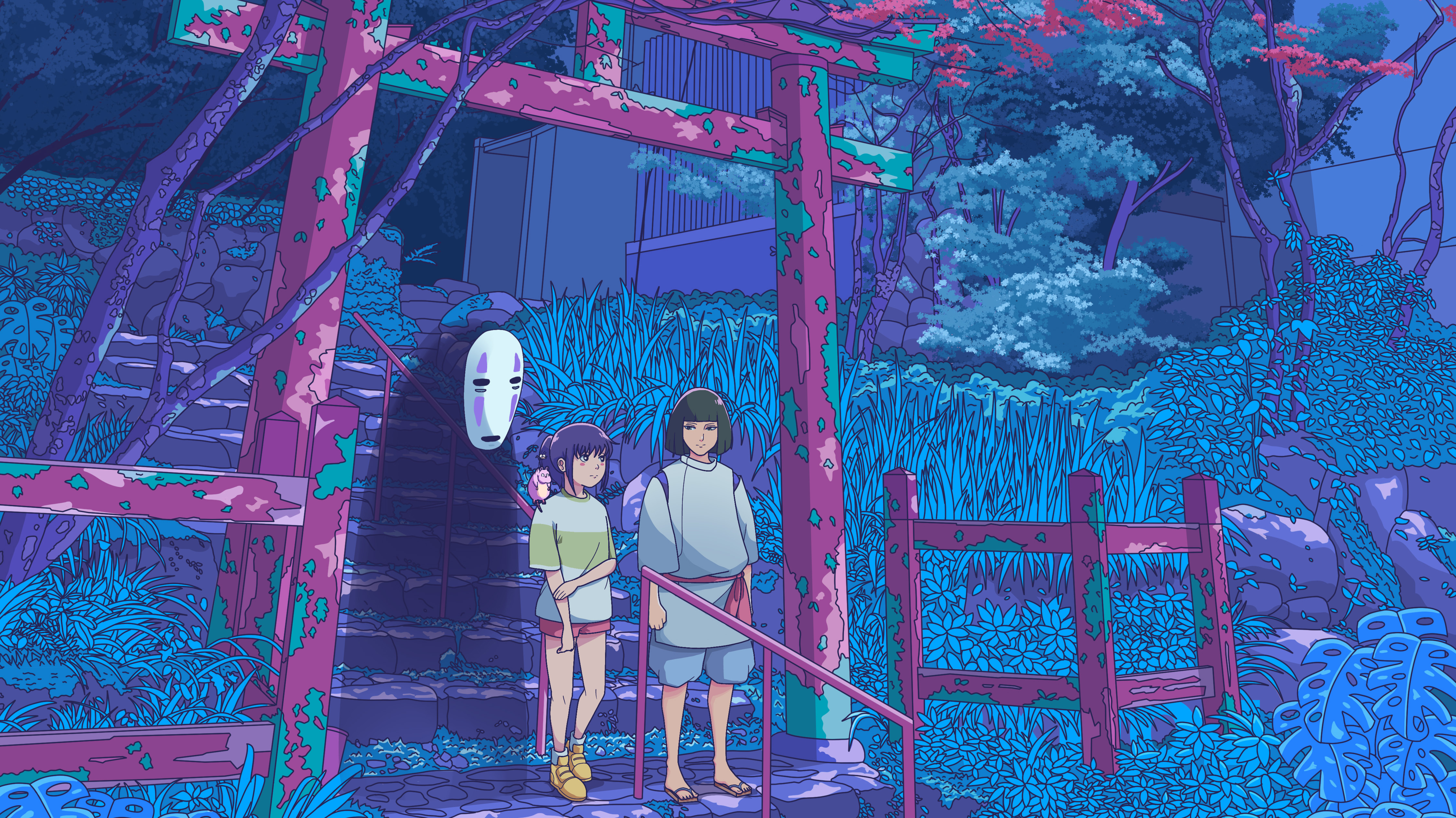 Exhozt Digital Art Artwork Illustration Fan Art Torii Stairs Ghost Anime Anime Girls Anime Men Chihi 4500x2531