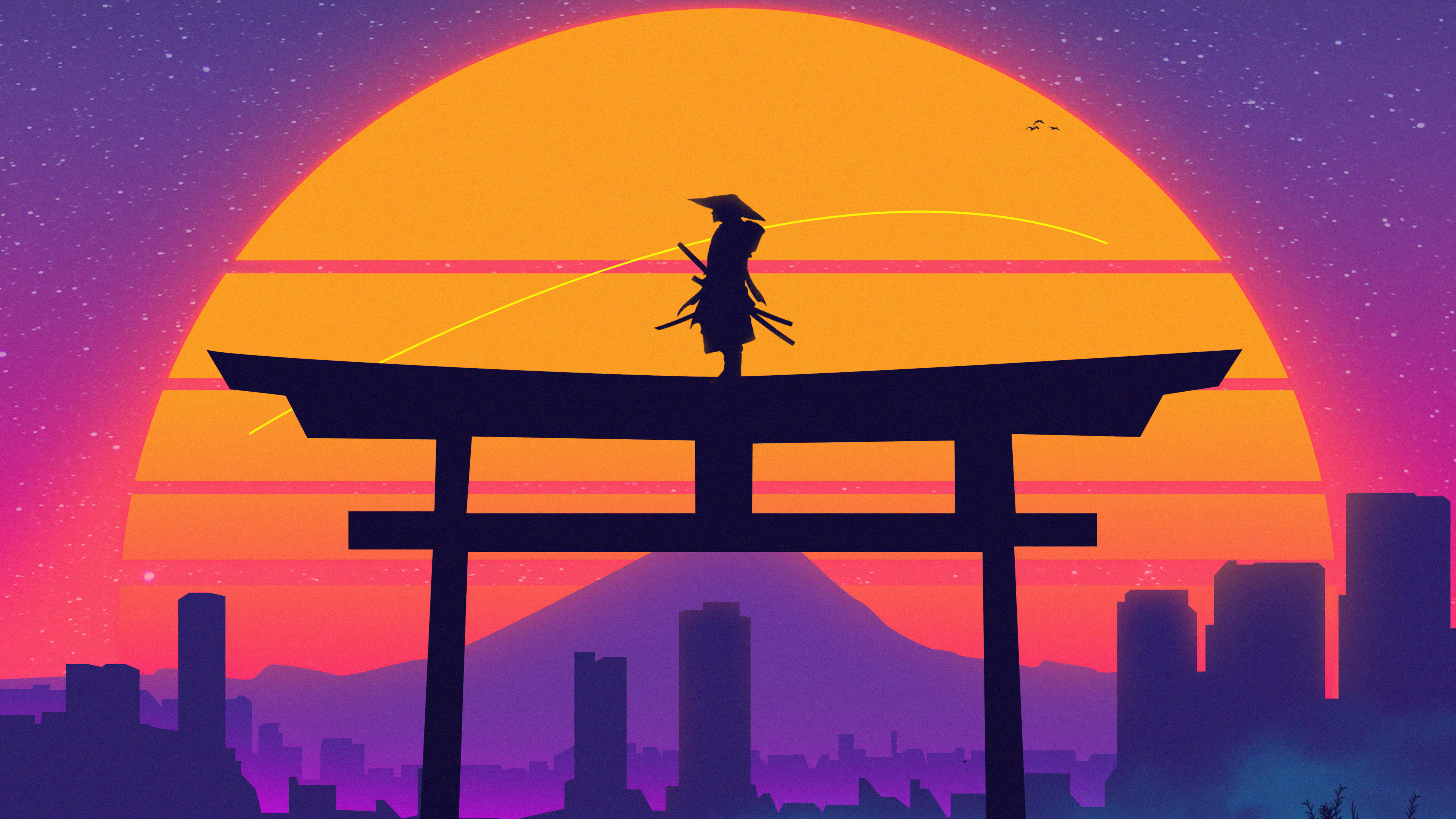 Digital Art Artwork Illustration Sun Sunset Torii Samurai Mountains City Cityscape Stars Building 5120x2880