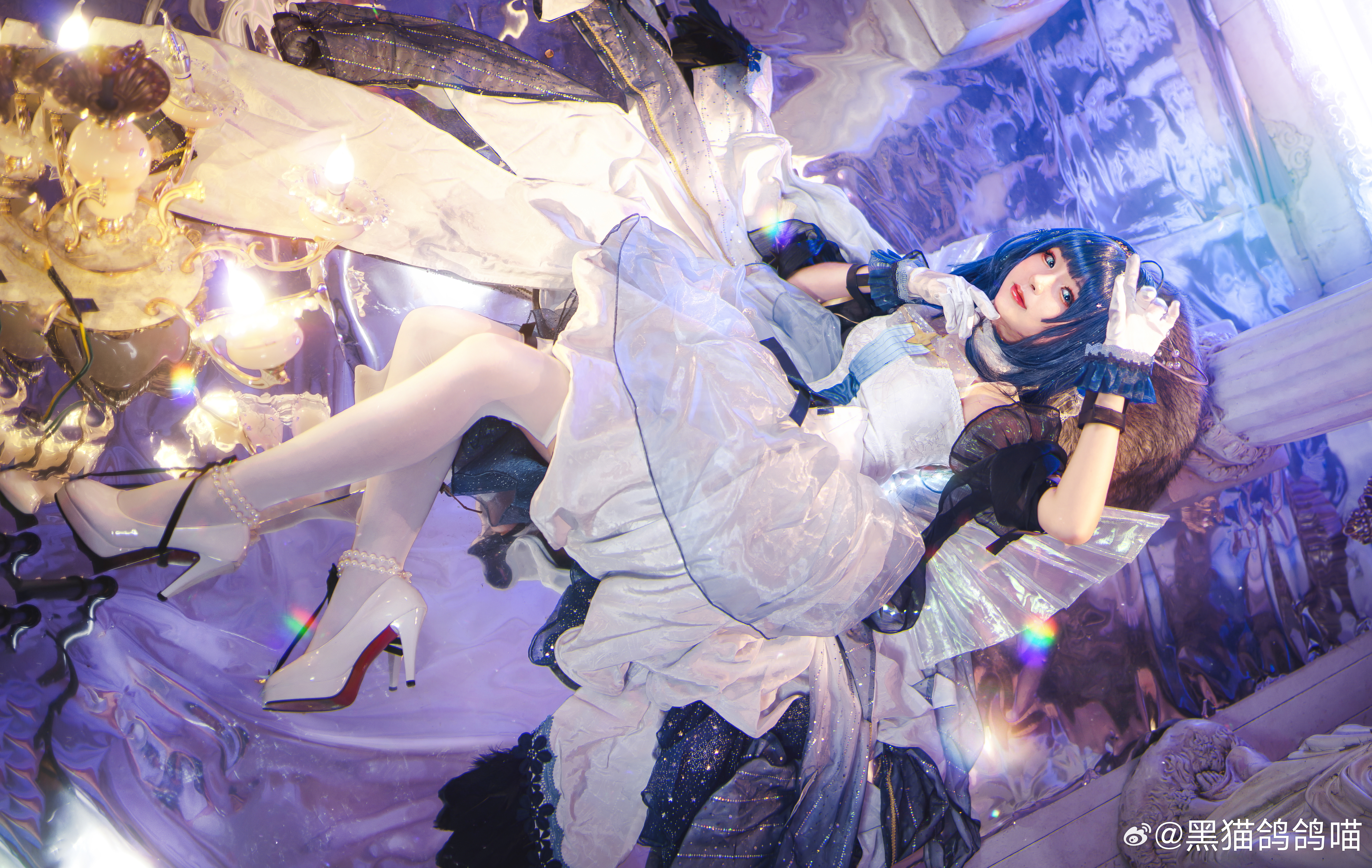 Cosplay Asian Women Looking At Viewer Shoe Sole Closed Mouth Blue Hair Blue Eyes Bent Legs White Dre 6320x4000
