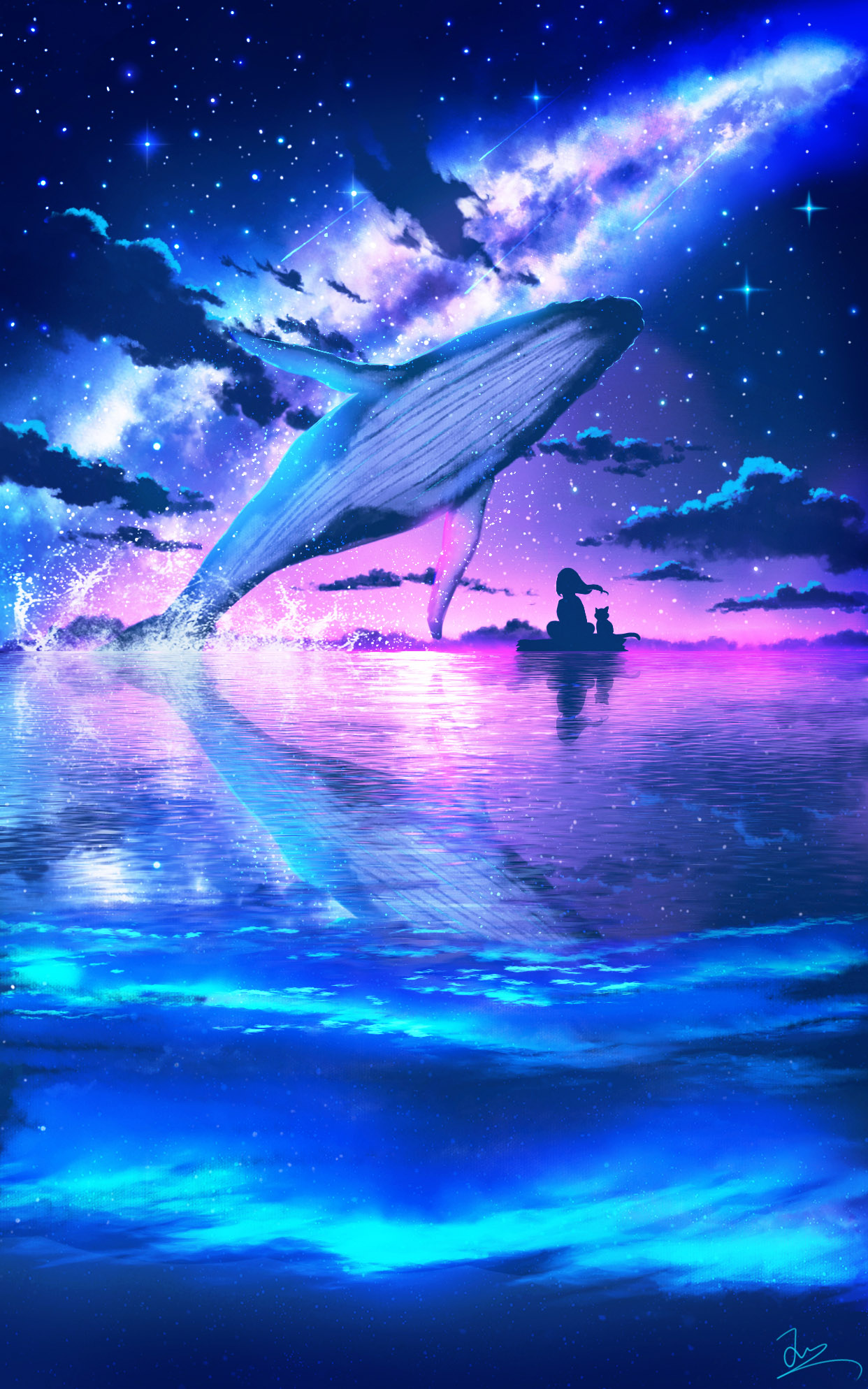 Anime Anime Girls HuashiJW Silhouette Whale Water Stars 1242x1988