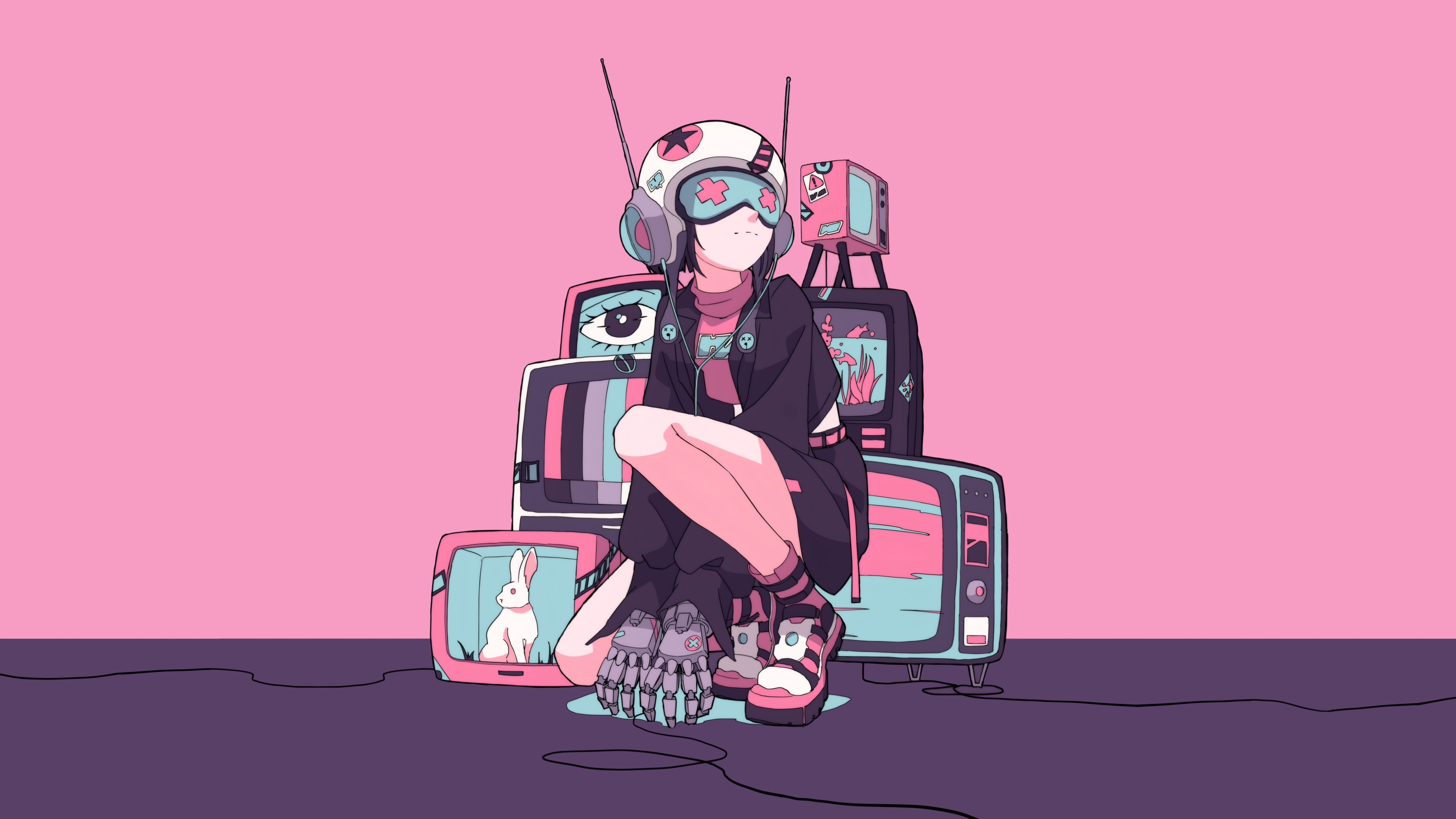 Gaako Antenna Helmet Headphones Rabbits Cables Digital Art Artwork 3840x2160