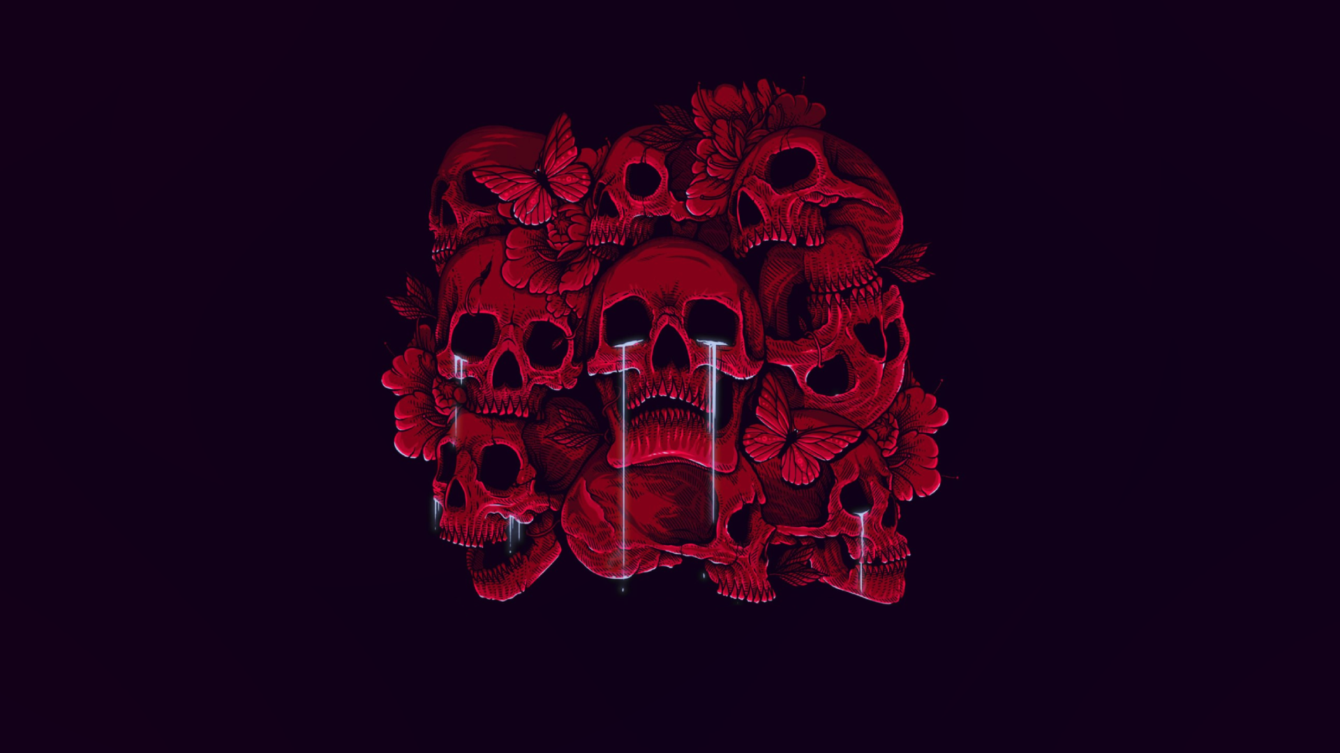 Minimalism Red Kai Wachi Crying Butterfly Skull Flowers Simple Background 1920x1080