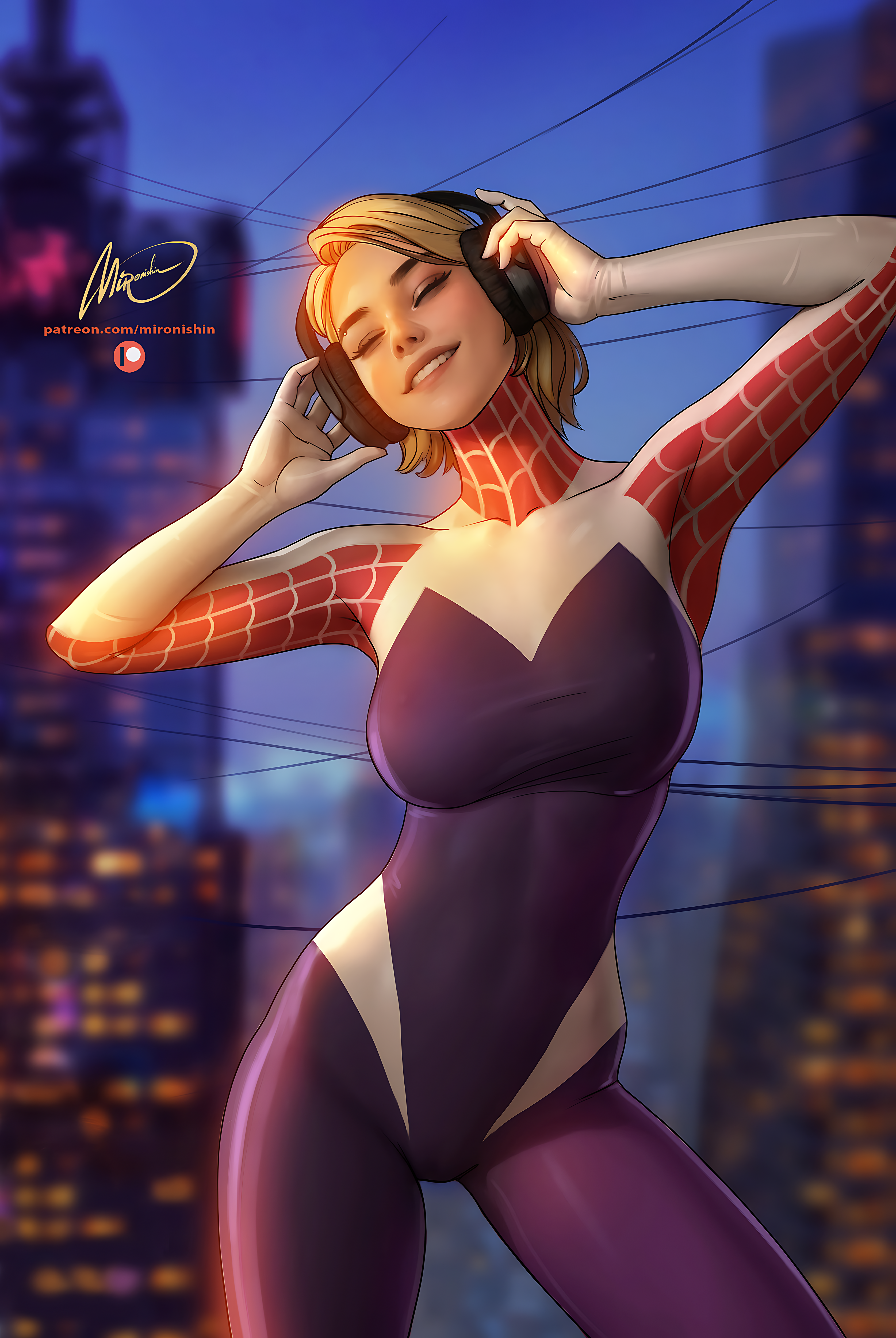 Gwen Stacy Spider Gwen City Headphones Portrait Display Artwork Drawing Fan Art Mironishin Story Hap 3350x5000