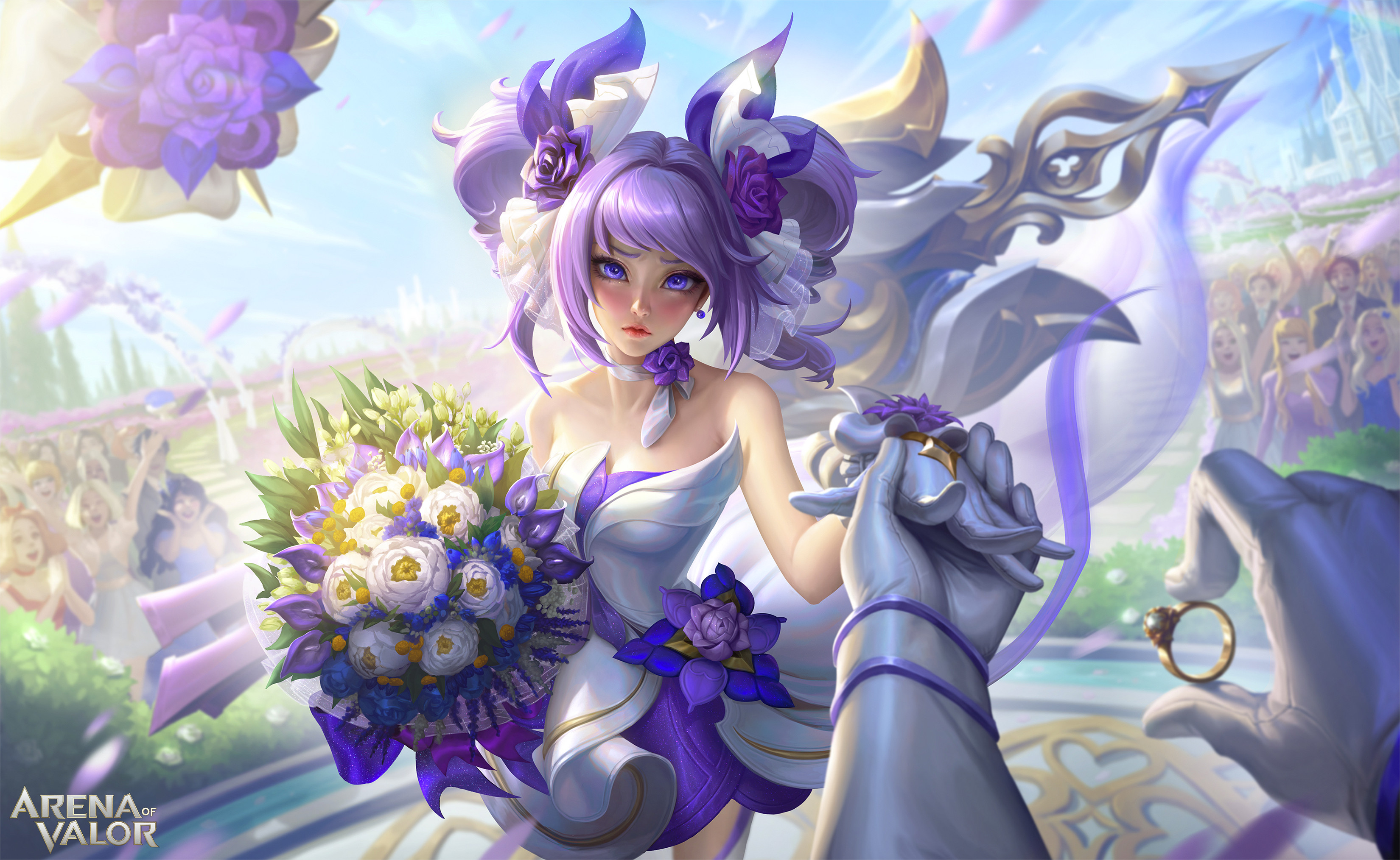 Ina Wong Drawing Purple Hair Flowers Wedding Dress Dancing 3300x2029