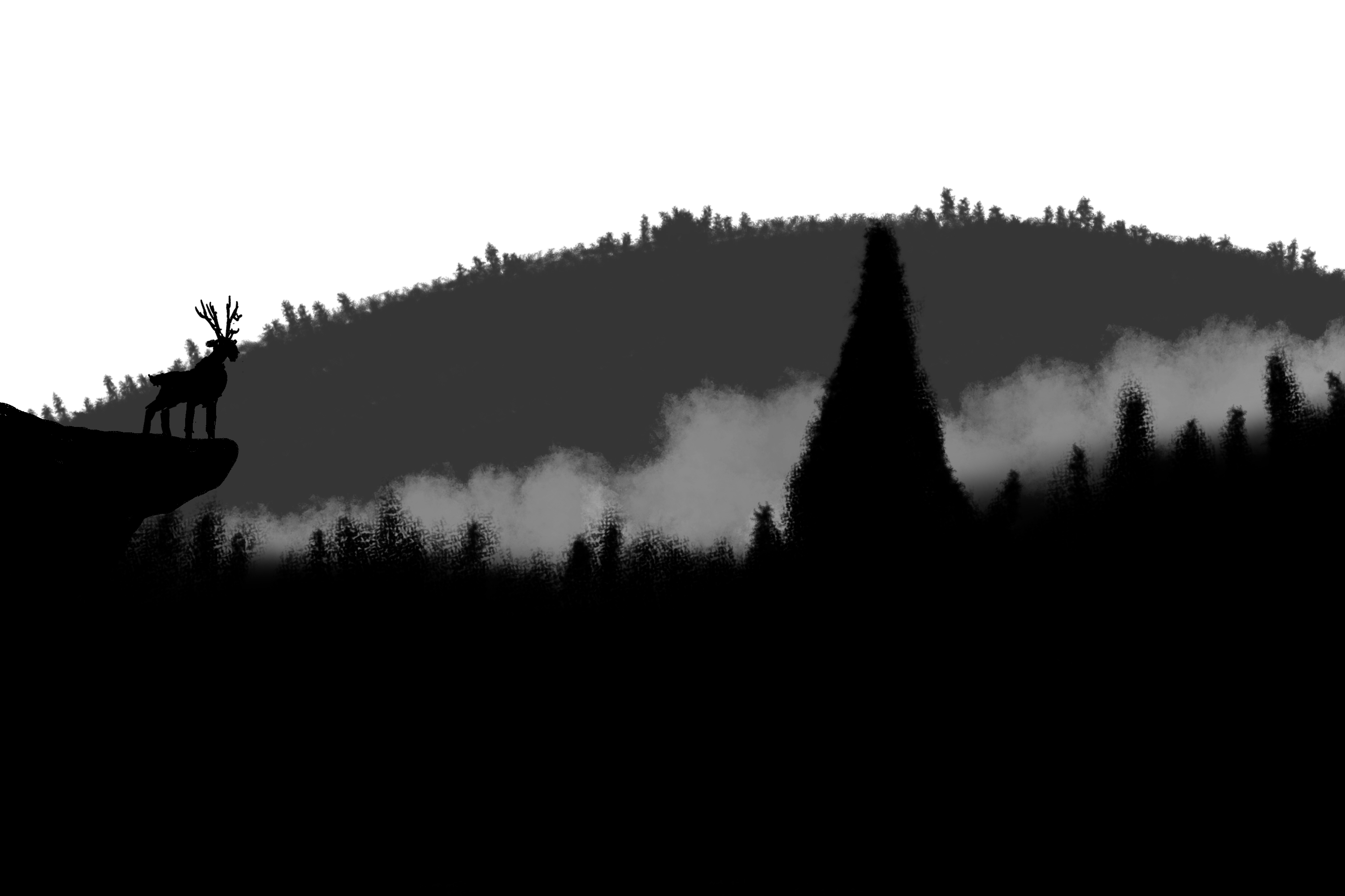 Deer Wood Forest Mountains Fog Trees Black White 3000x2000