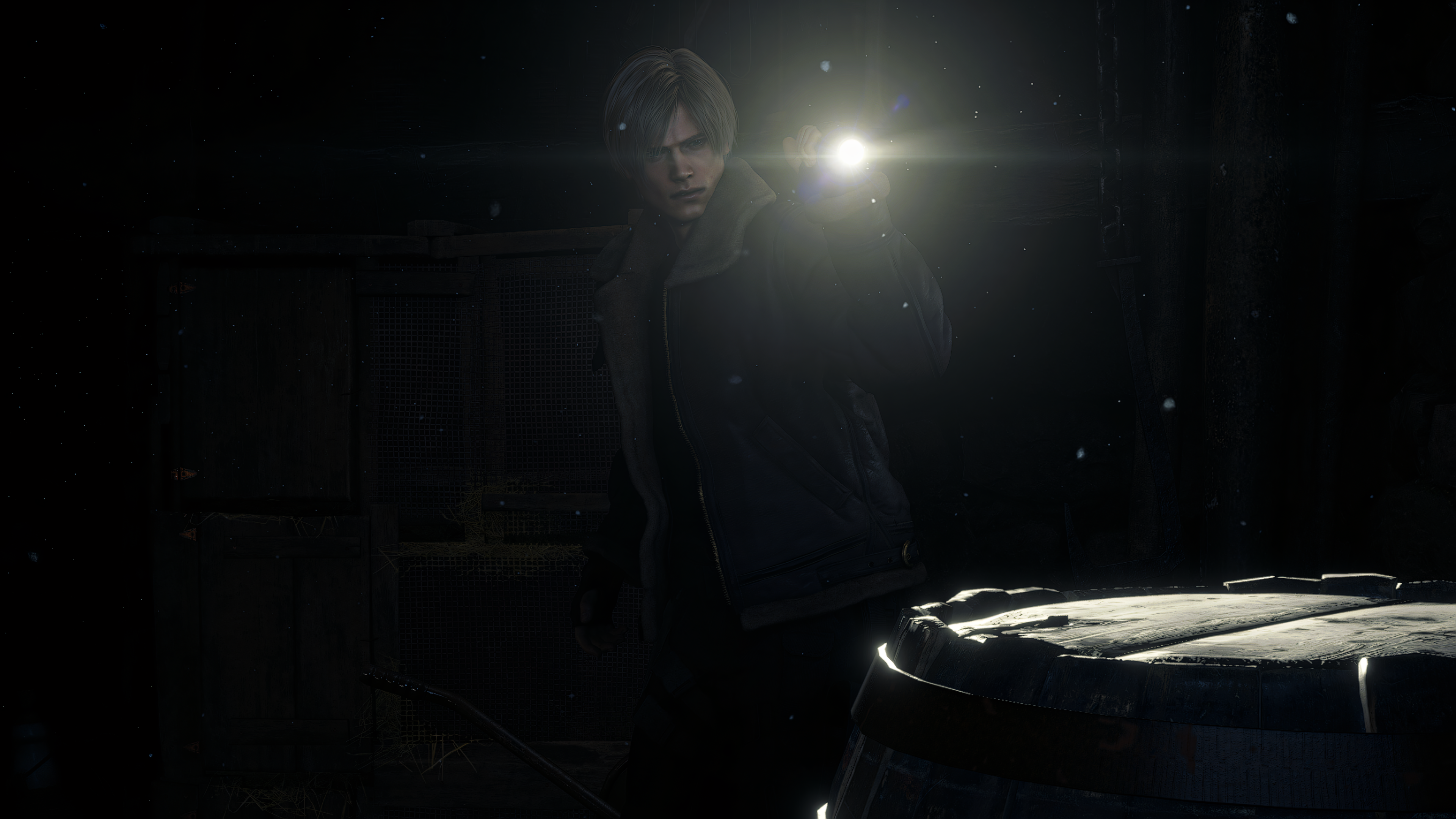 Leon S Kennedy Chains Barrels Dark Background Flashlight Video Games Video Games Clothes Resident Ev 3840x2160