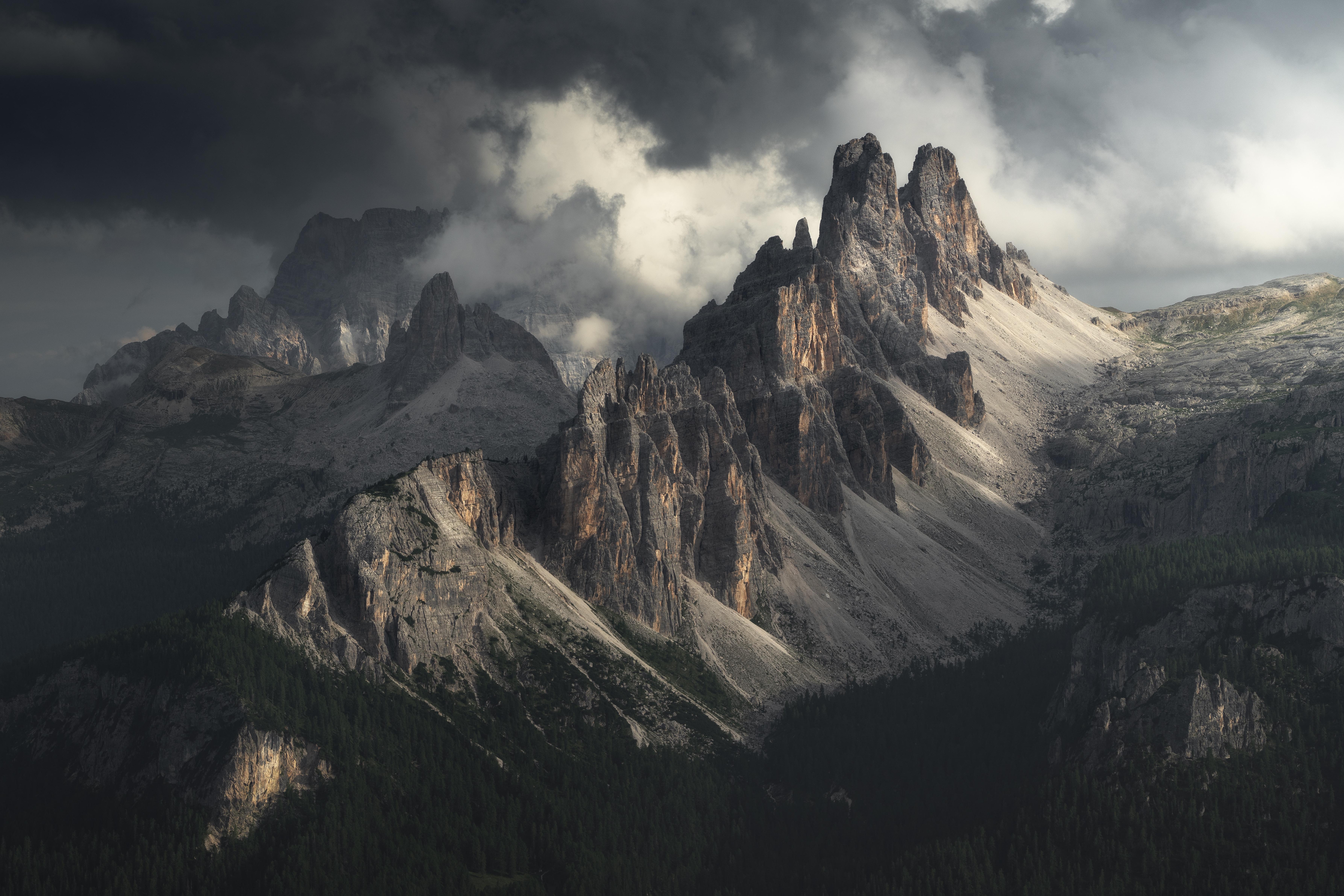 Mountains Landscape Nature Clouds Cliff Forest Dolomites Italy Europe 7147x4767