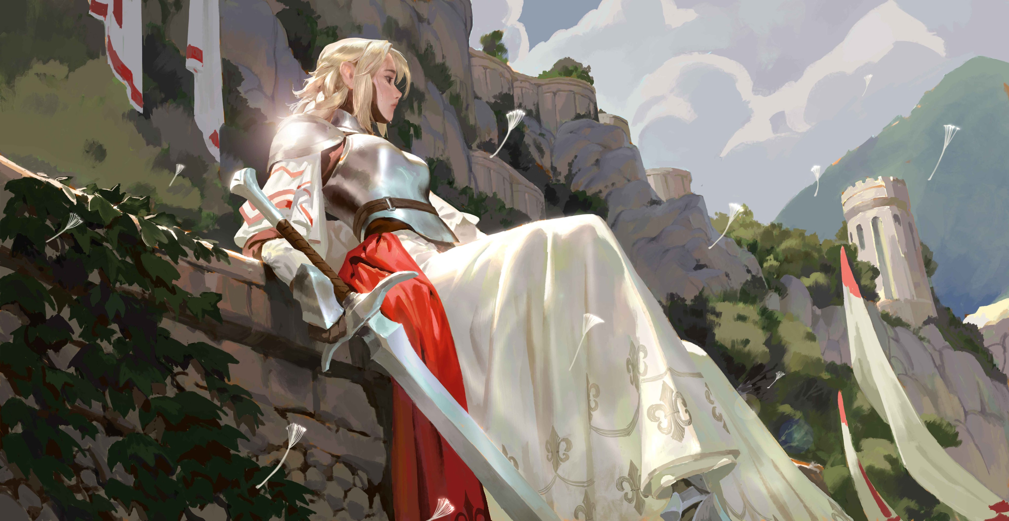 Sang Delan Digital Art Artwork Illustration Digital Painting Women Sitting Long Hair Blonde Sword Dr 4096x2115