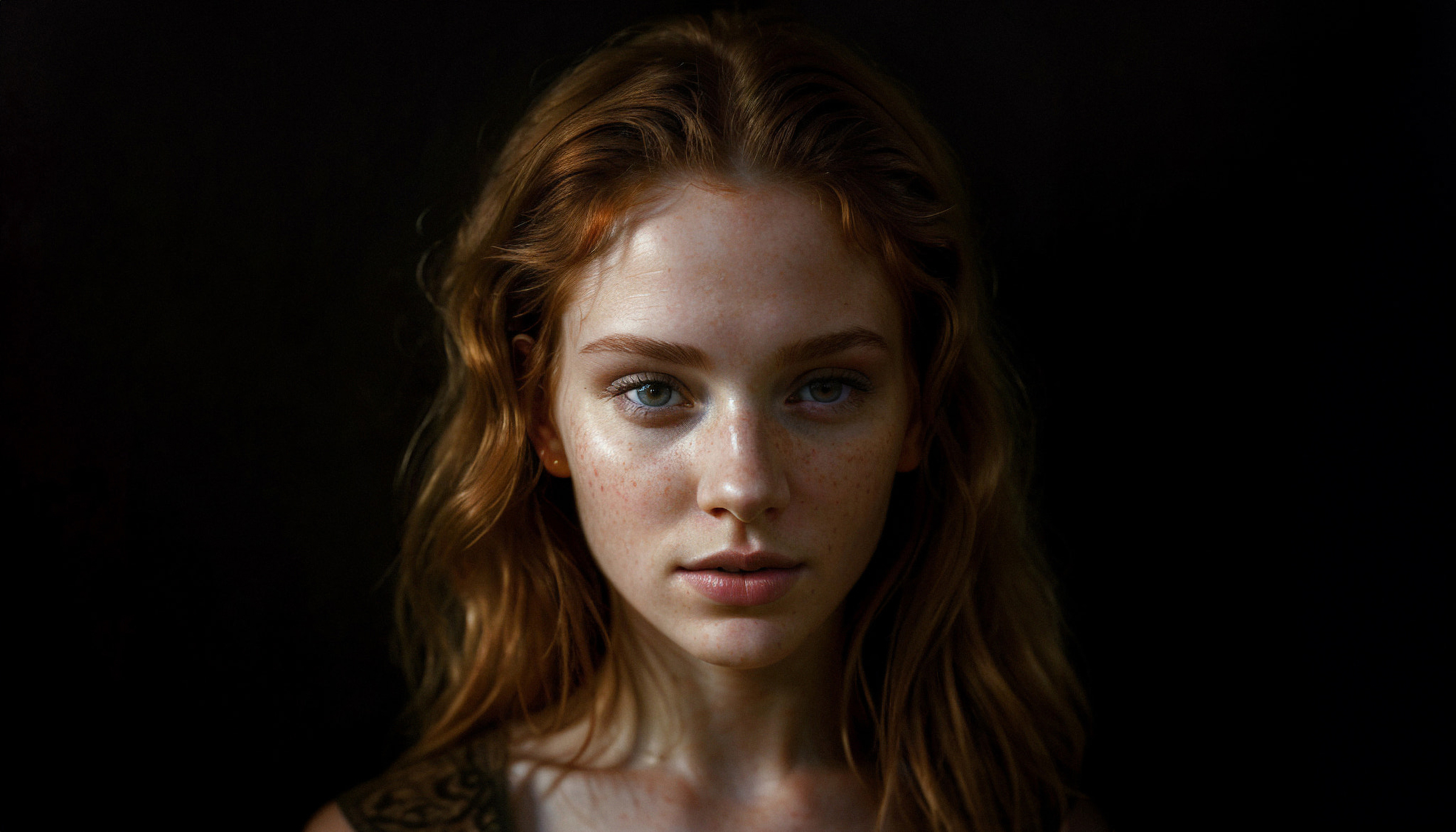 Maxim Gubanov Women Portrait Freckles Black Background Blue Eyes Model Redhead Studio Looking At Vie 2398x1370