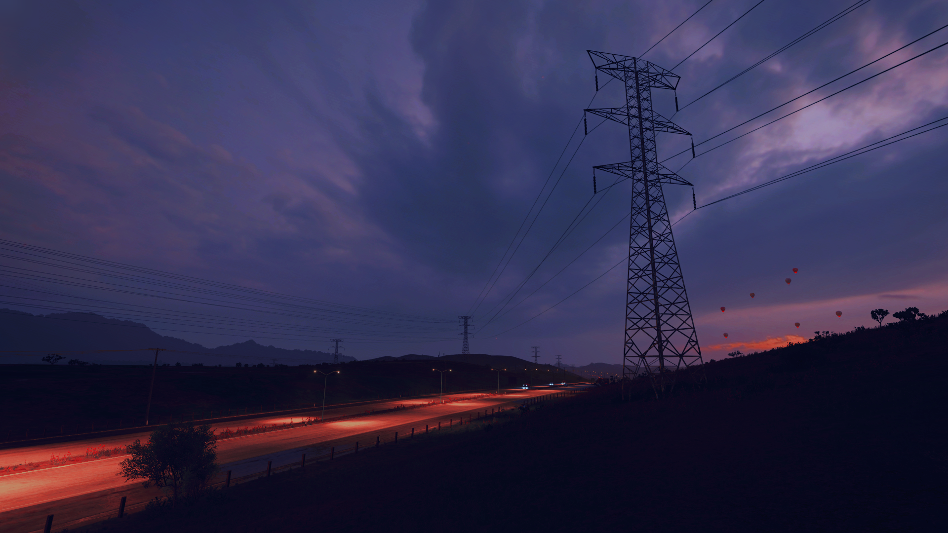 Video Games Forza Forza Horizon 5 Sky Clouds Utility Pole Road Landscape Dark Night Red Blue 1920x1080