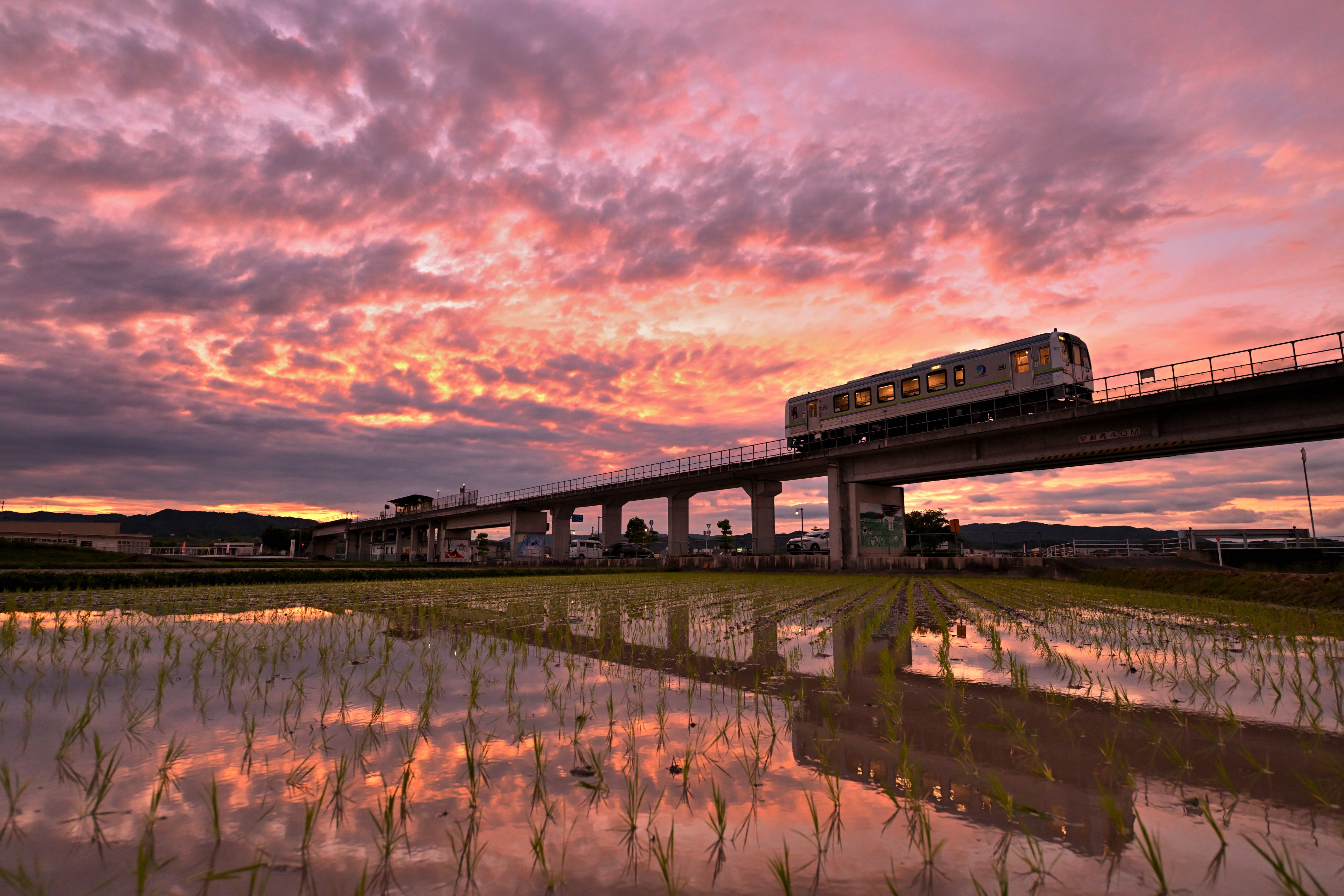 Train Sunset Clouds Water Rice Fields 4096x2731