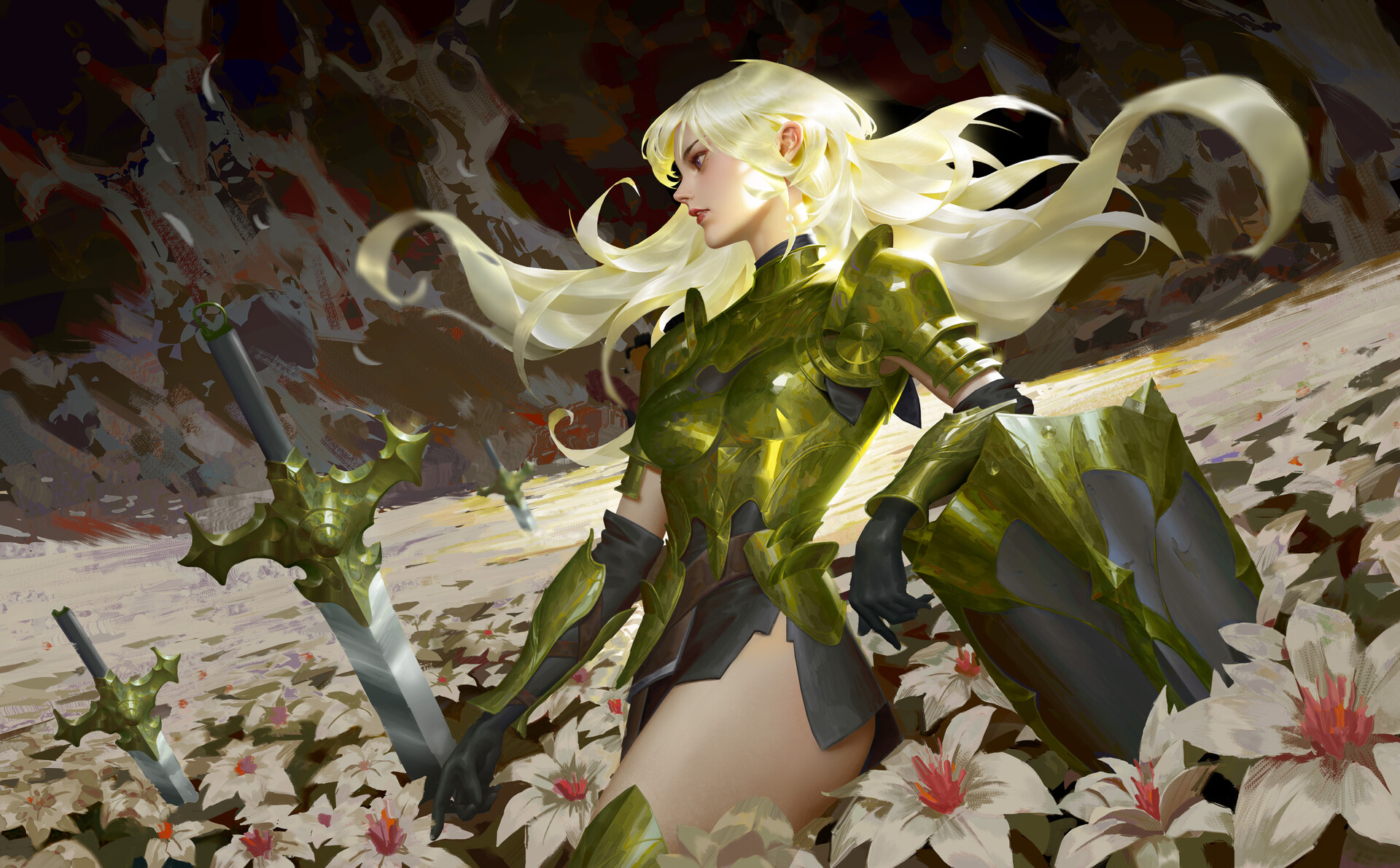 Ya Lun Drawing Blonde Knight Field Flowers Sword 1920x1191