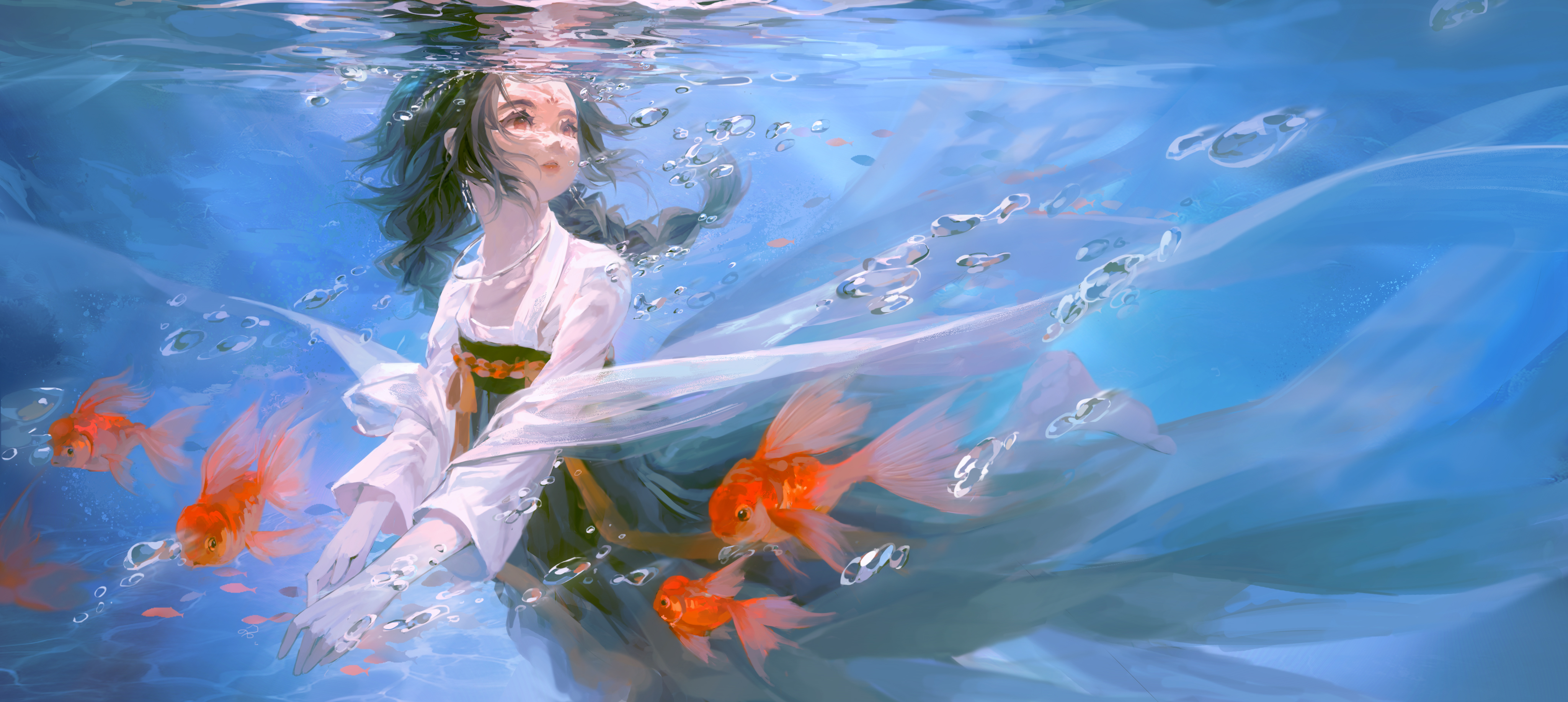 Anime Anime Girls Fish Underwater Dark Hair Long Hair Bubbles 4096x1834