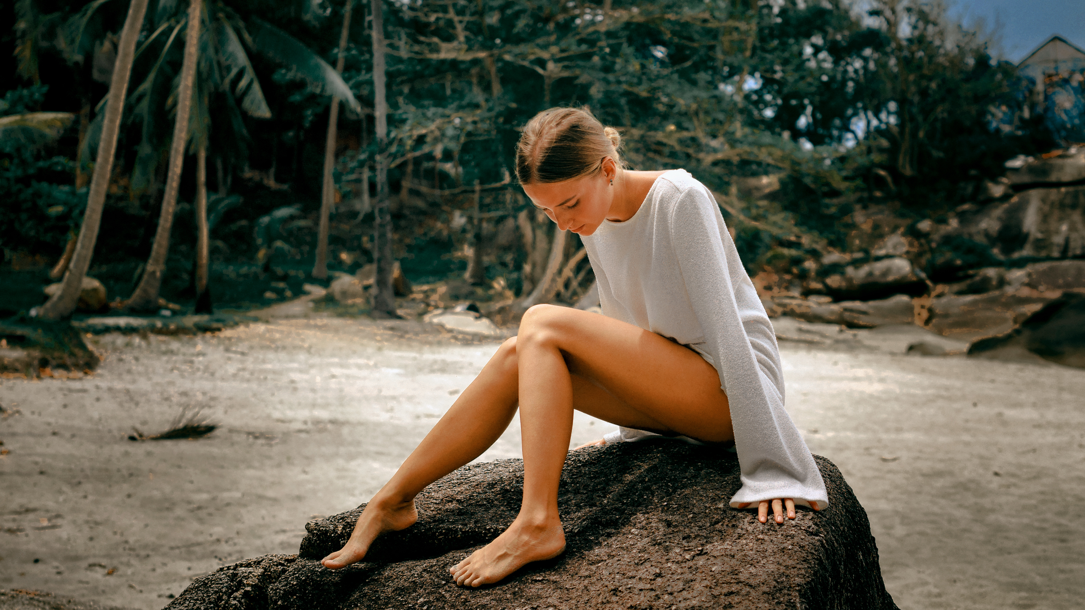 Aleksey Gurylev Women Legs Barefoot Nature Rocks 3500x1968