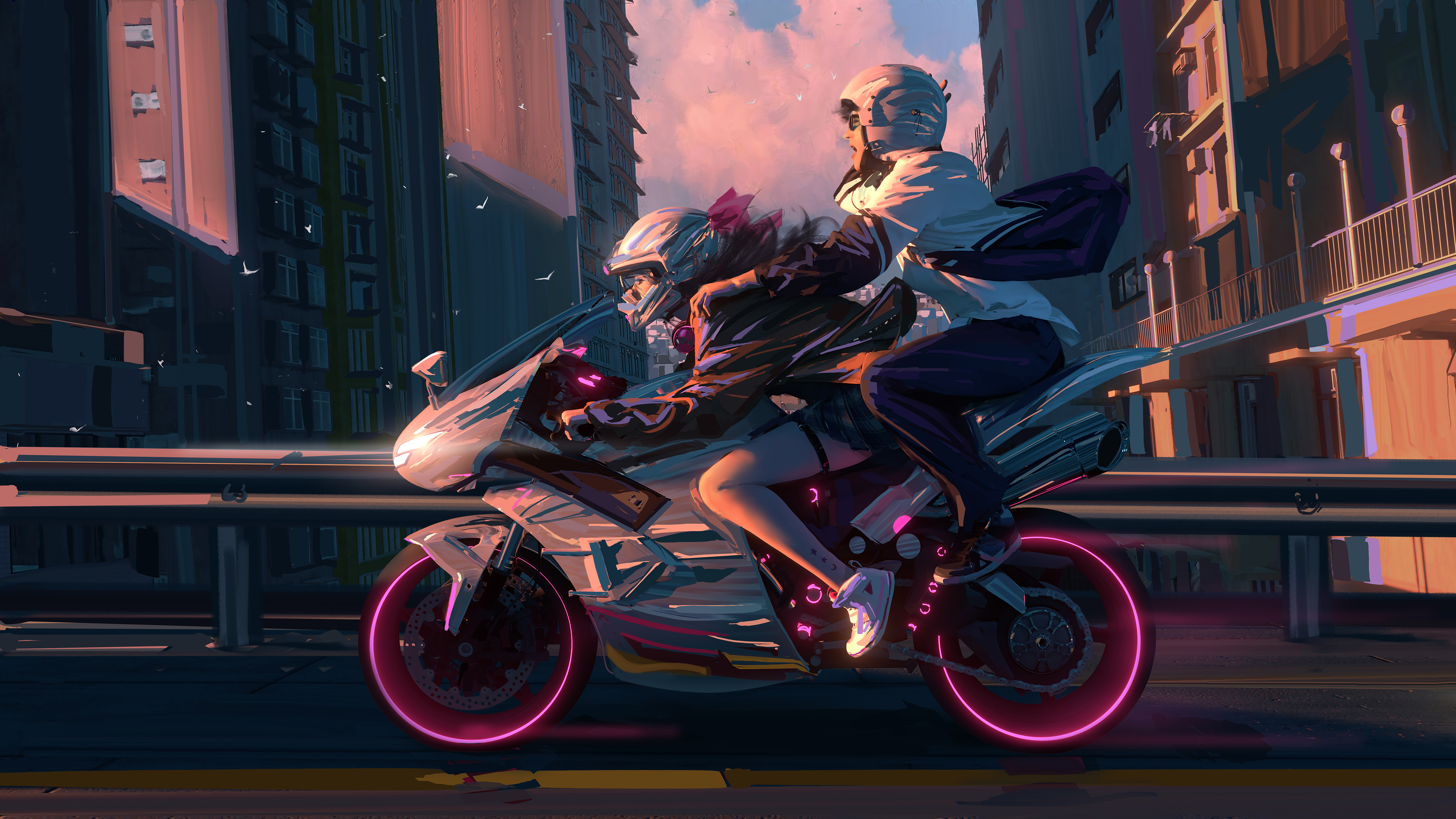 WLOP Digital Art Artwork Illustration Couple Men Women Motorcycle Street Helmet Road City Urban Bird 4200x2363