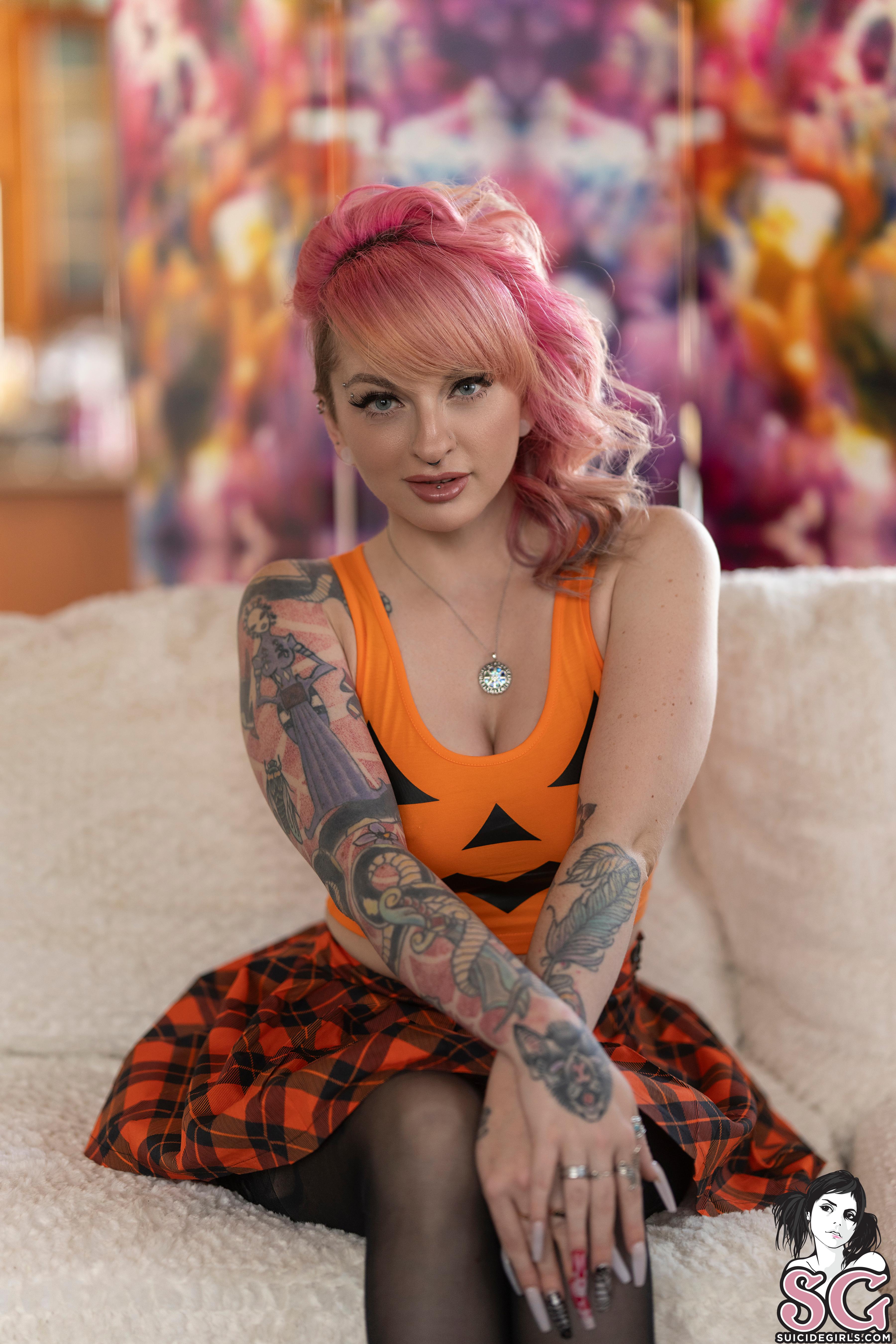 Women Brunette Pink Hair Inked Girls Indoors Living Rooms Couch Tied Hair Necklace Piercing Sitting  3600x5400