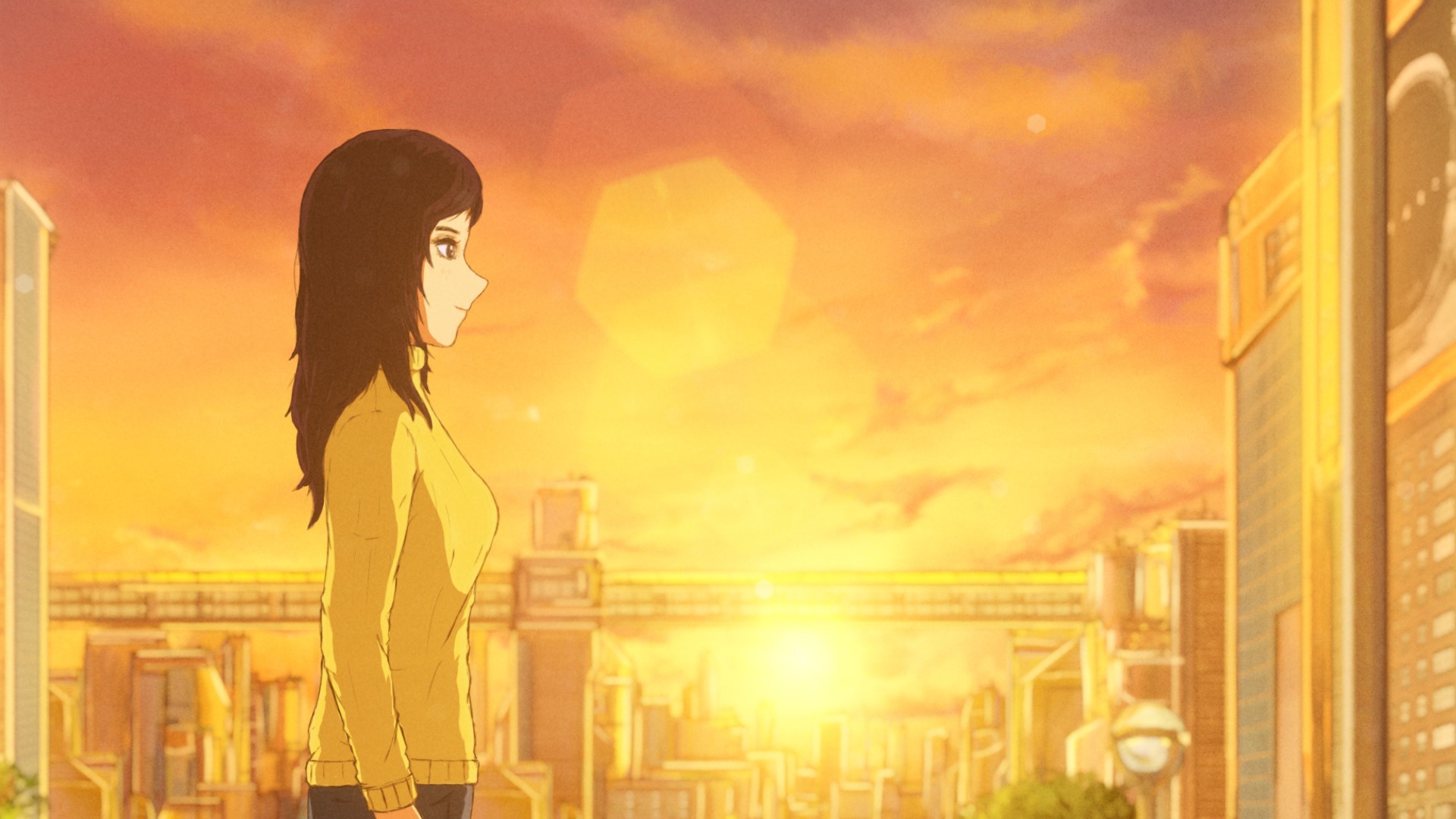 Digital Art Anime City Glowing Sunset Sky Anime Building Cityscape Anime Girls Smiling Yellow Sunset 1920x1080