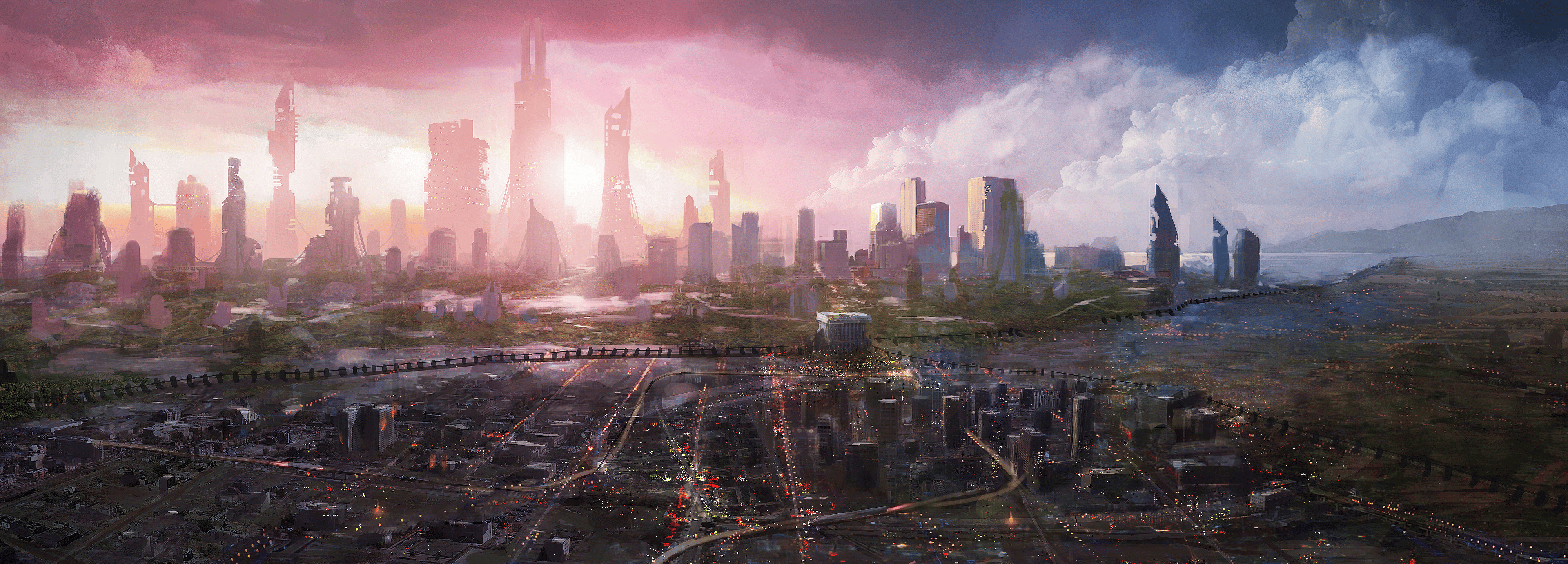 Jordan Grimmer Cityscape Futuristic Science Fiction Digital Art 4000x1440