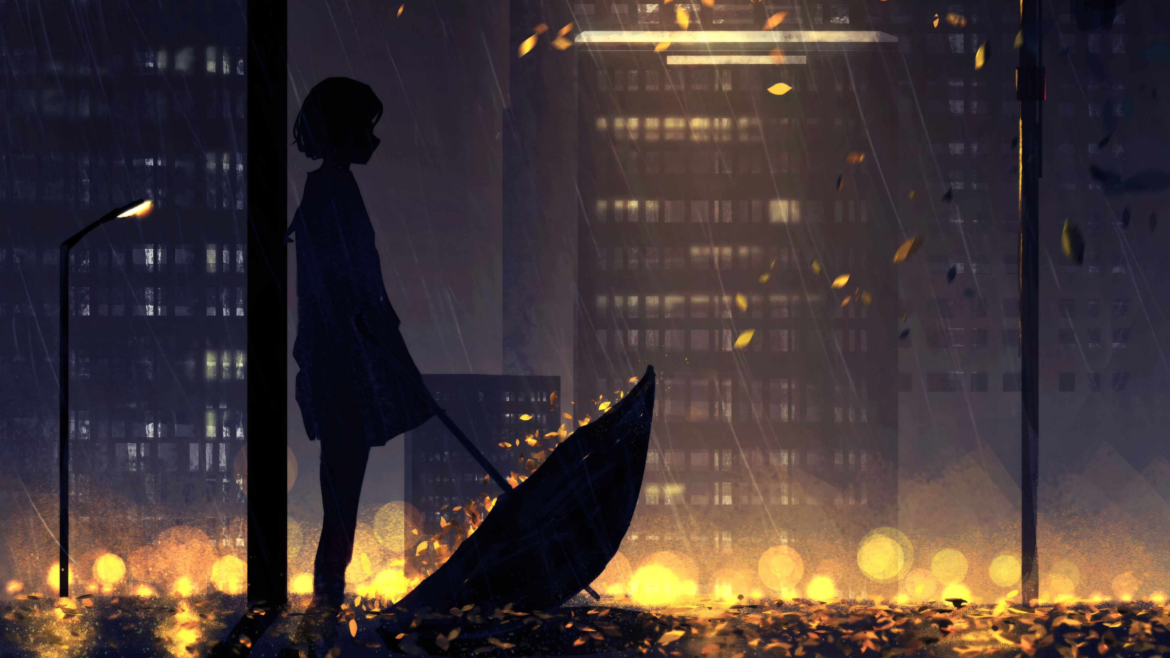 HuashiJW Rain Umbrella Night Street Light Fall Fallen Leaves Digital Art Artwork 3840x2160