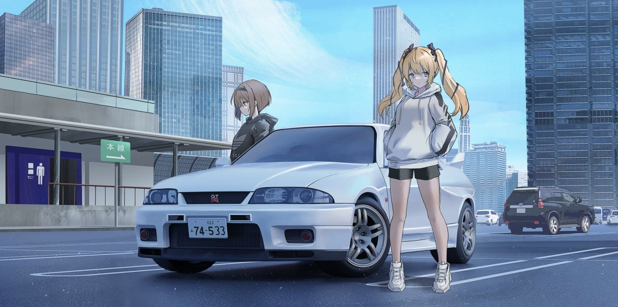 Original Characters Artwork Illustration Anime Girls Car Vehicle Scenery White Hoodie Nissan Skyline 2096x1040