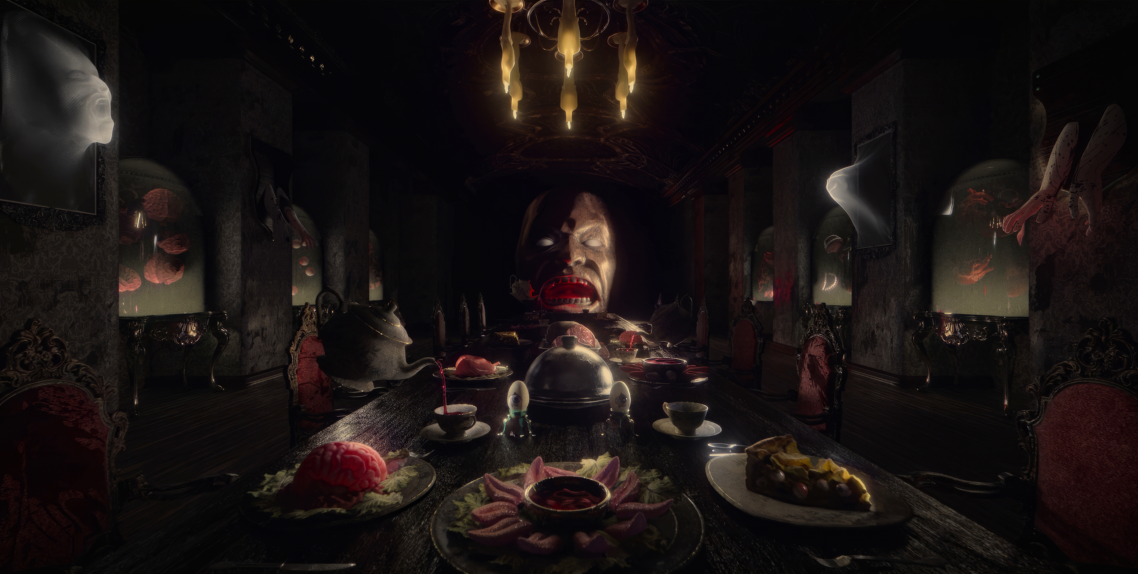 Joko Anwars Nightmares And Daydreams Surreal Horror Dining Room Dining Table Dark Lights Grotesque P 3840x1938