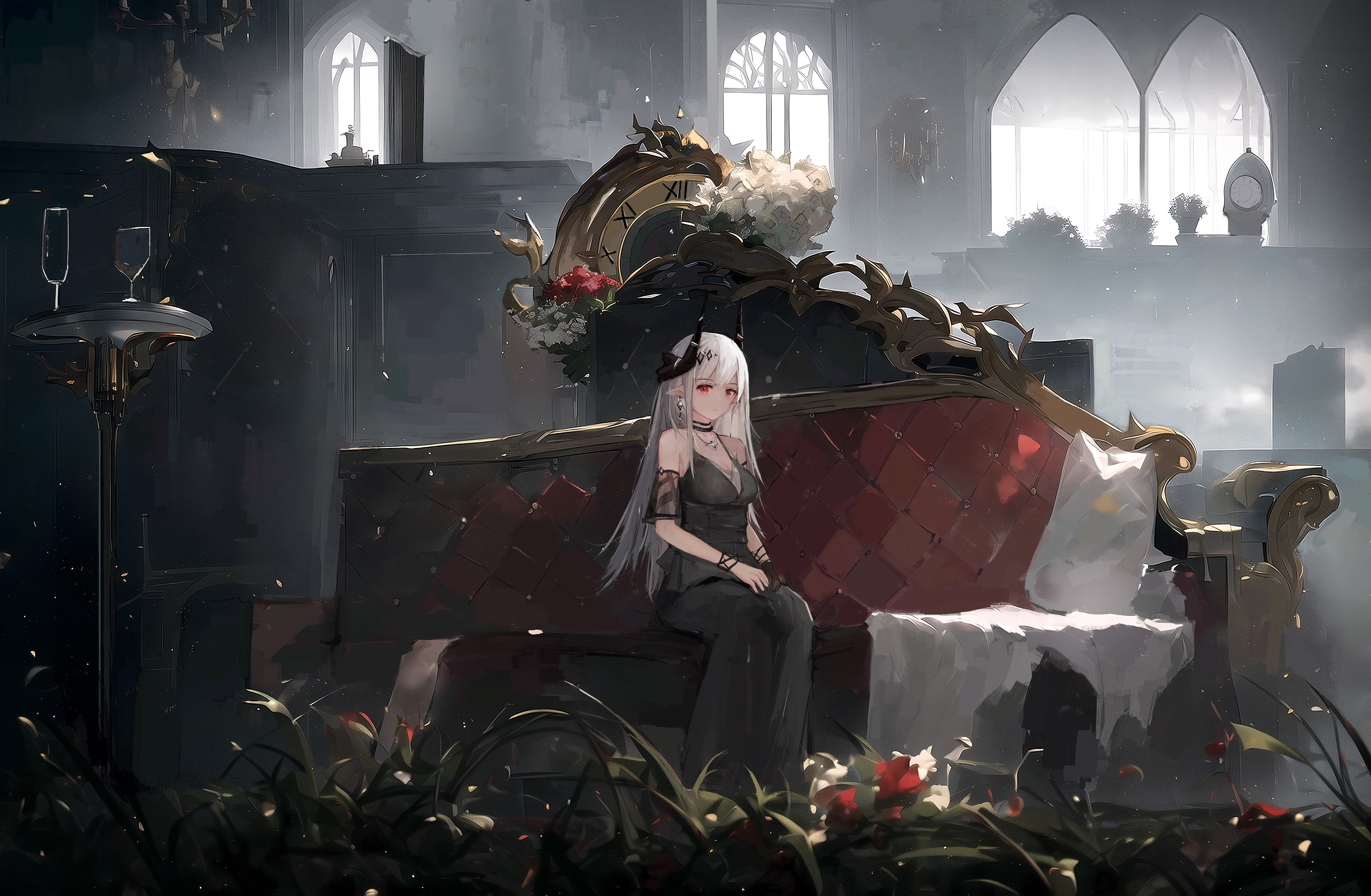 Anime Anime Girls Black Skirts Throne Room Long Hair Sitting 3861x2524