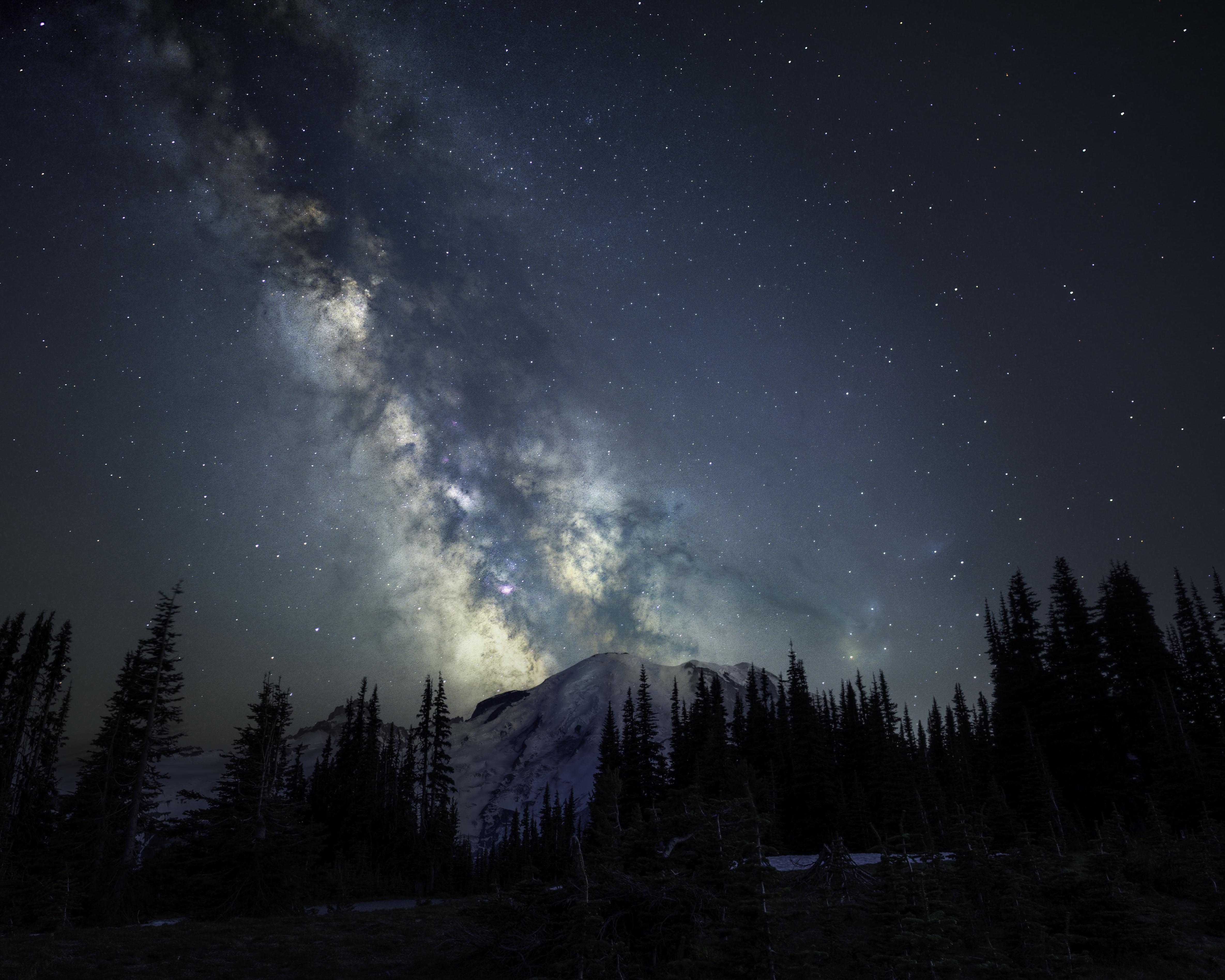 Milky Way Stars Forest Night Landscape Nature Mount Rainier Washington State USA North America Snow 4739x3791