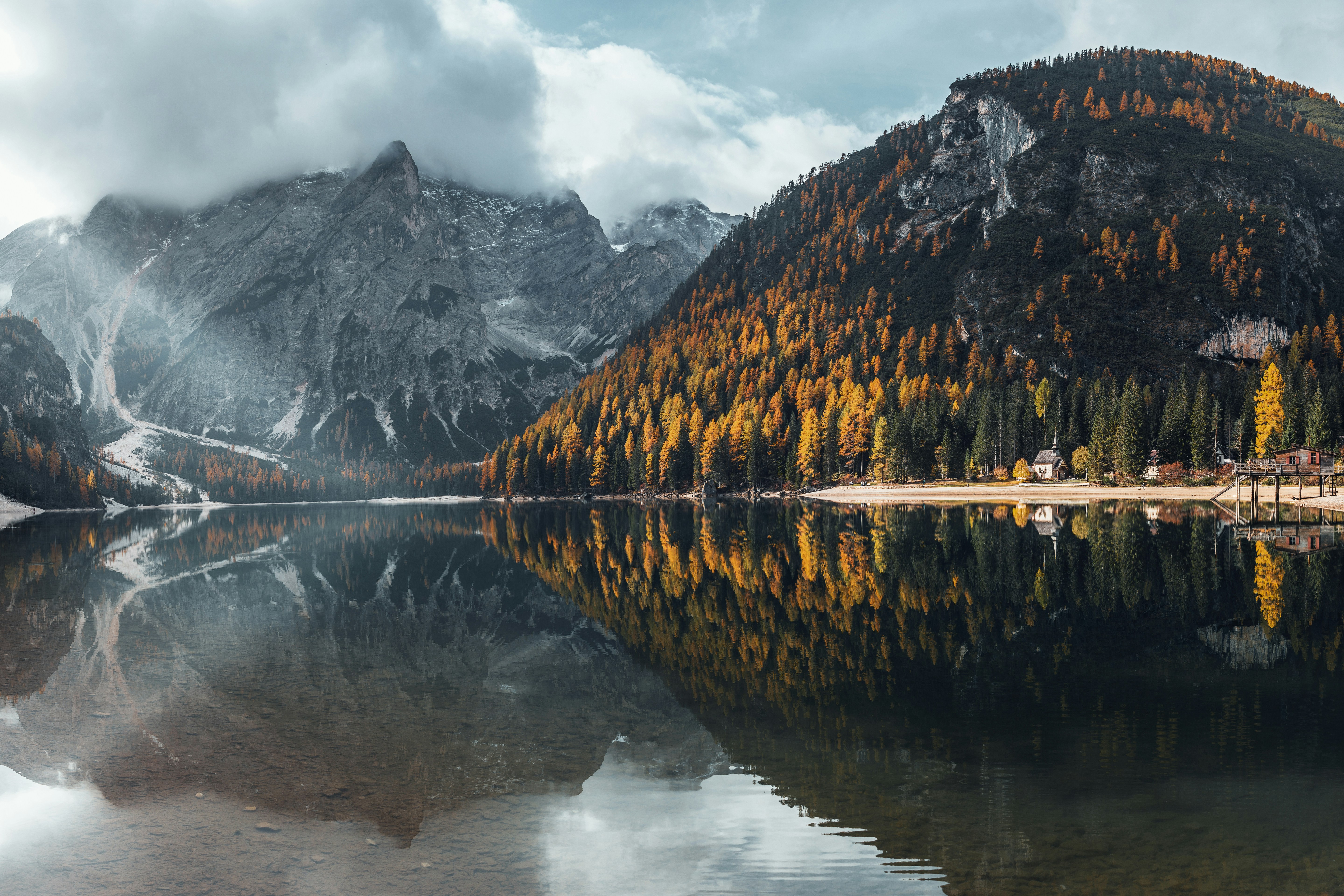 Nature Landscape Mountains Sky Clouds Water Reflection Clear Water Larch Pine Trees Fall Dolomites S 5760x3840