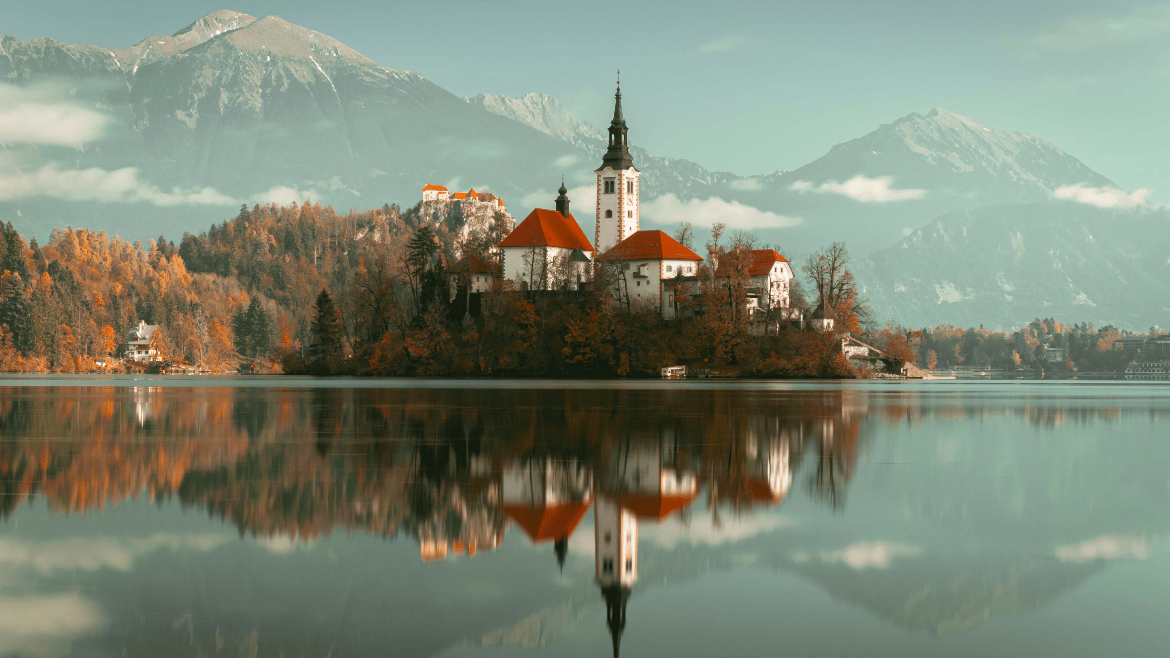 Nature Landscape Trees Mountains Clouds Sky Water Reflection Church Lake Bled Slovenia 3840x2160