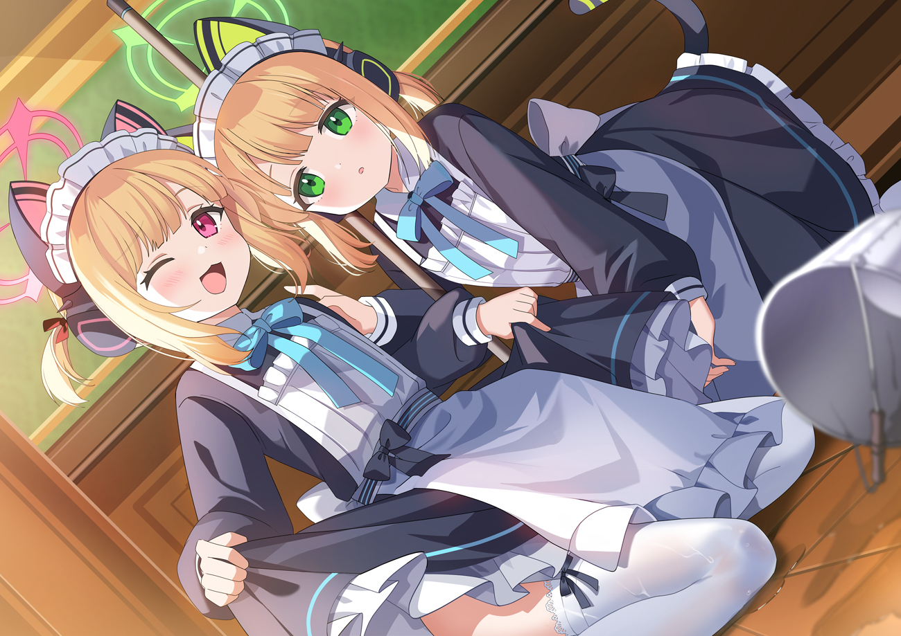 Anime Girls Maid Blue Archive Saiba Midori Saiba Momoi Fan Art Blonde Twins Cat Ears 1300x919